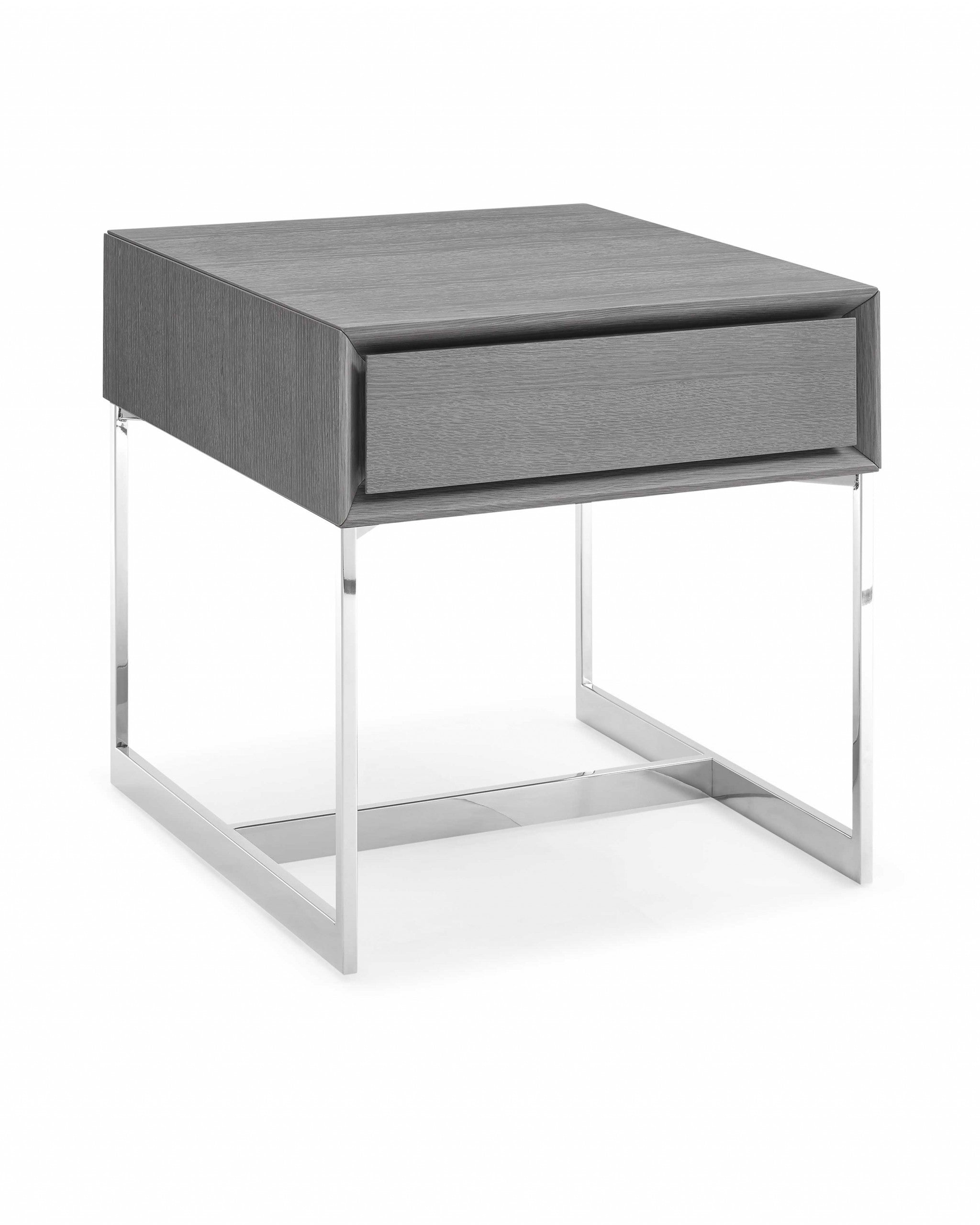 Side Table Gray Oak Veneer One Drawer Polished Stainless Steel Legs