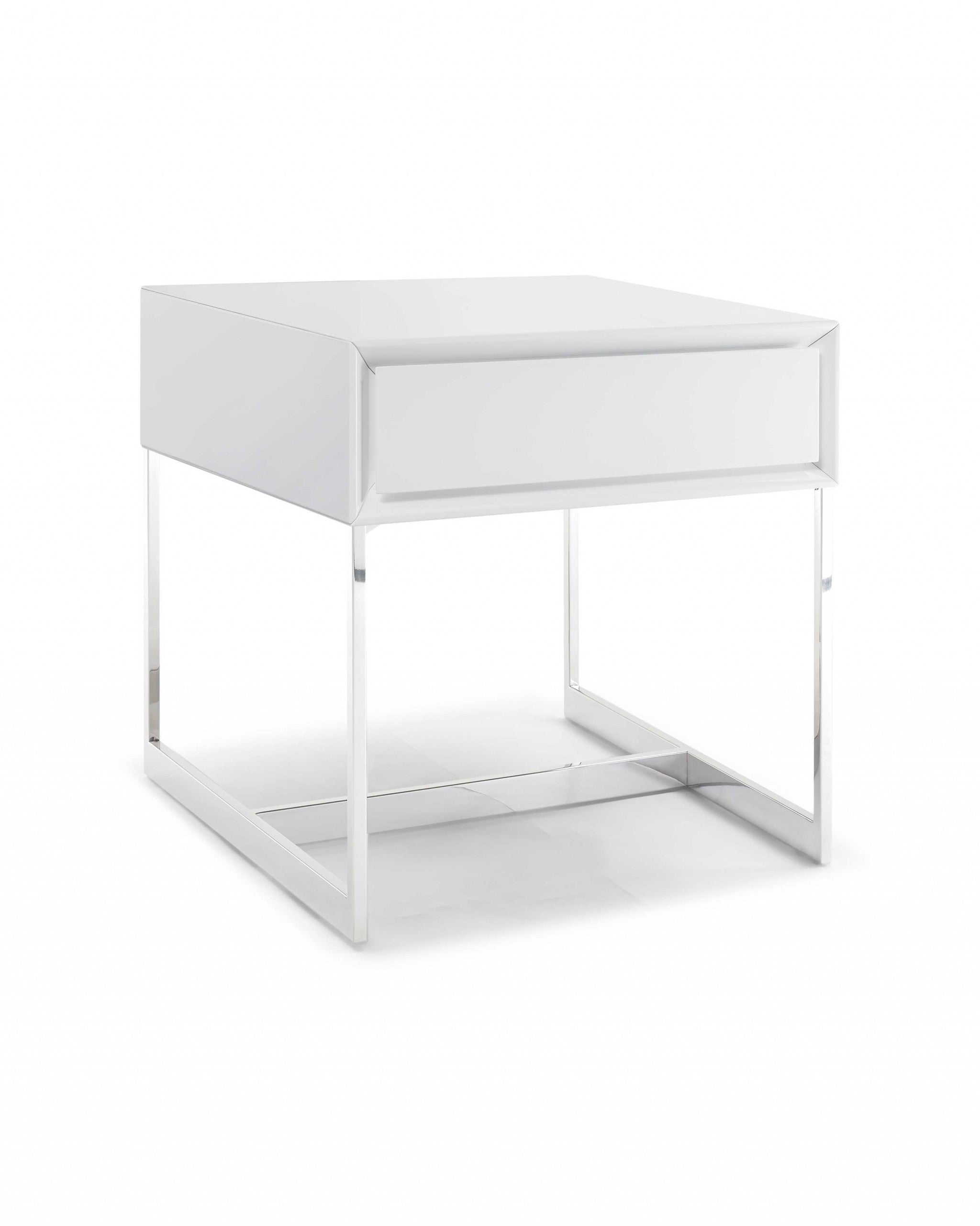 Side Table High Gloss White One Drawer Polished Stainless Steel Legs