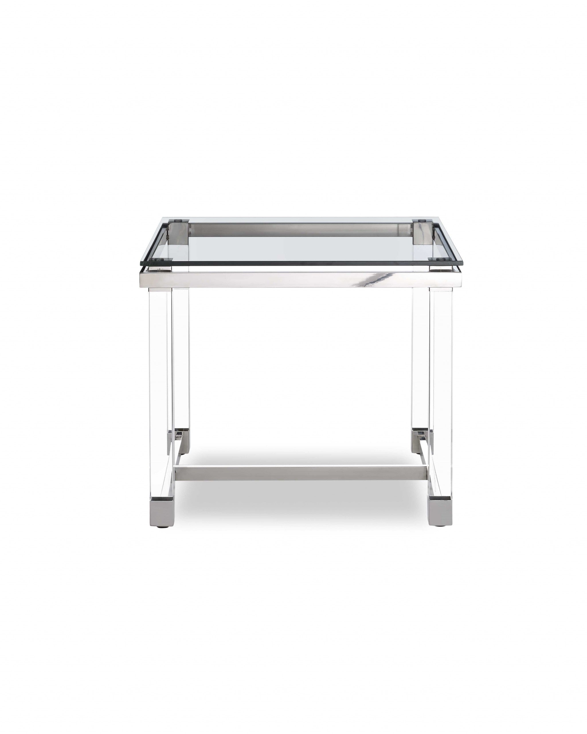 Side Table, 10 Mm Tempered Clear Glass Top, Polished Stainless Steel Frame, Acrylic Legs.