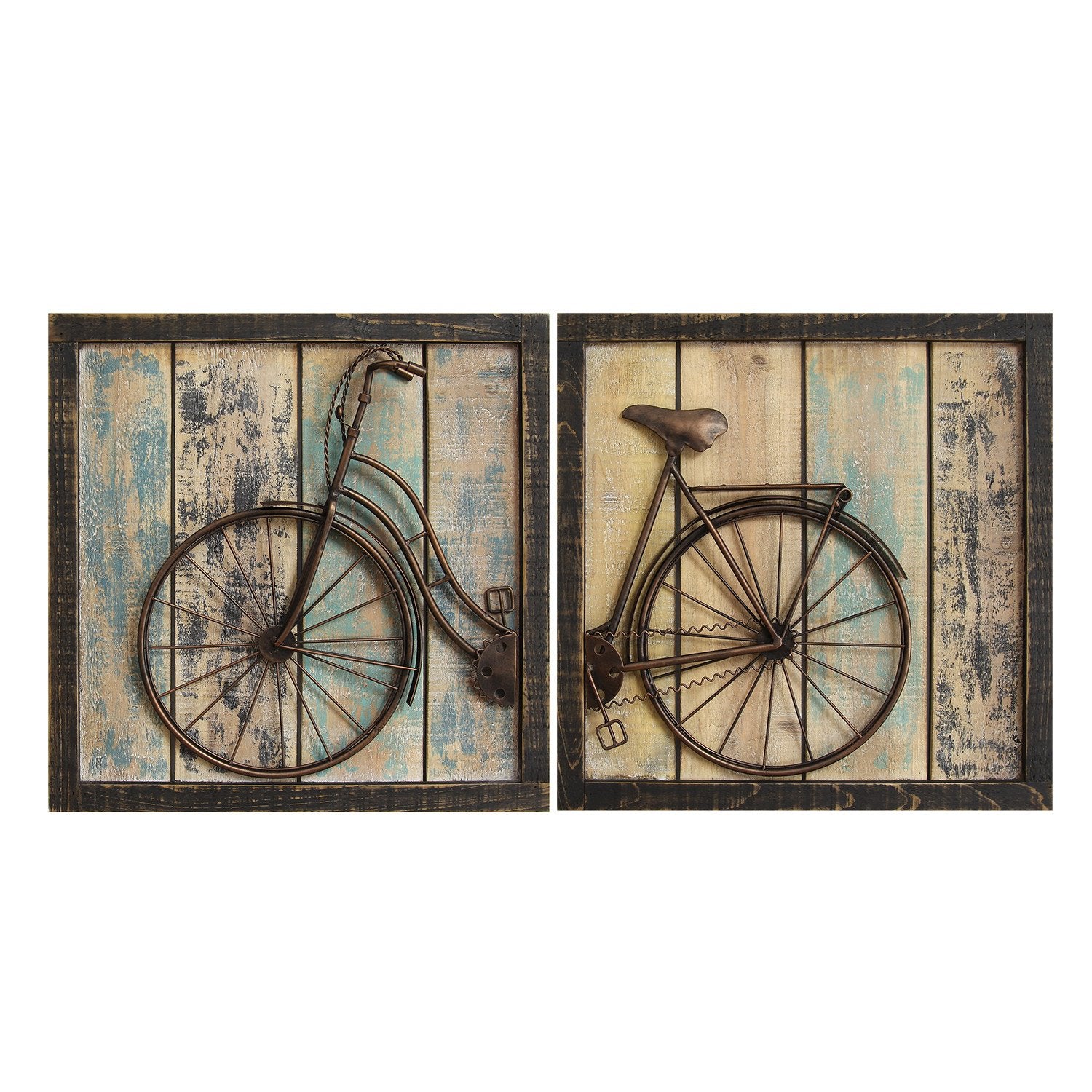 Distressed Wood and Black Metal Bicycle Wall Decor
