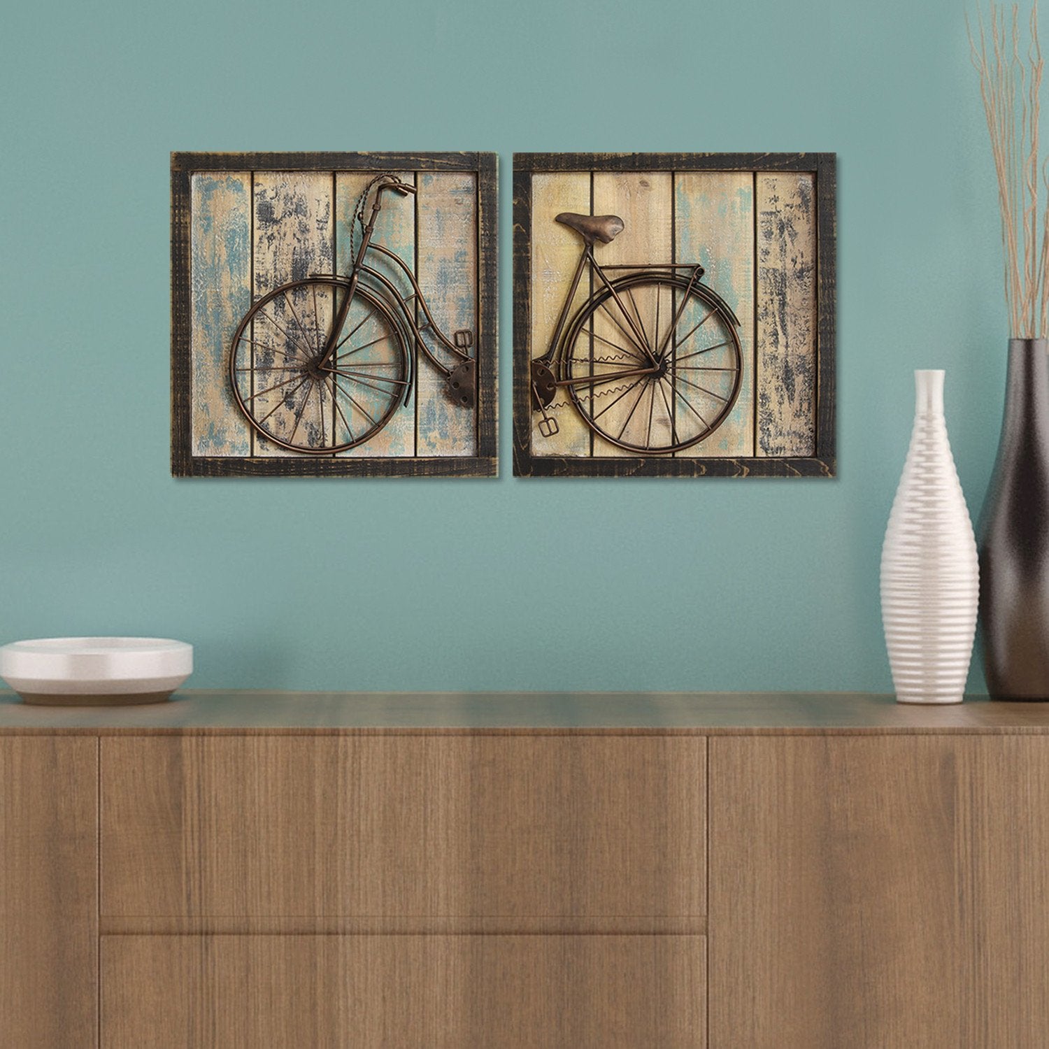Distressed Wood and Black Metal Bicycle Wall Decor
