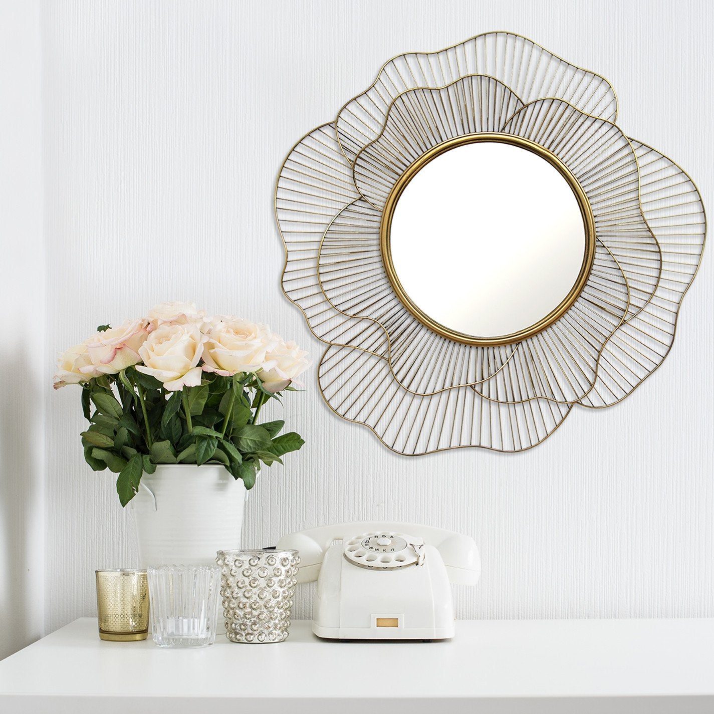 28.25" Round Gold Flower Metal Wall Mirror