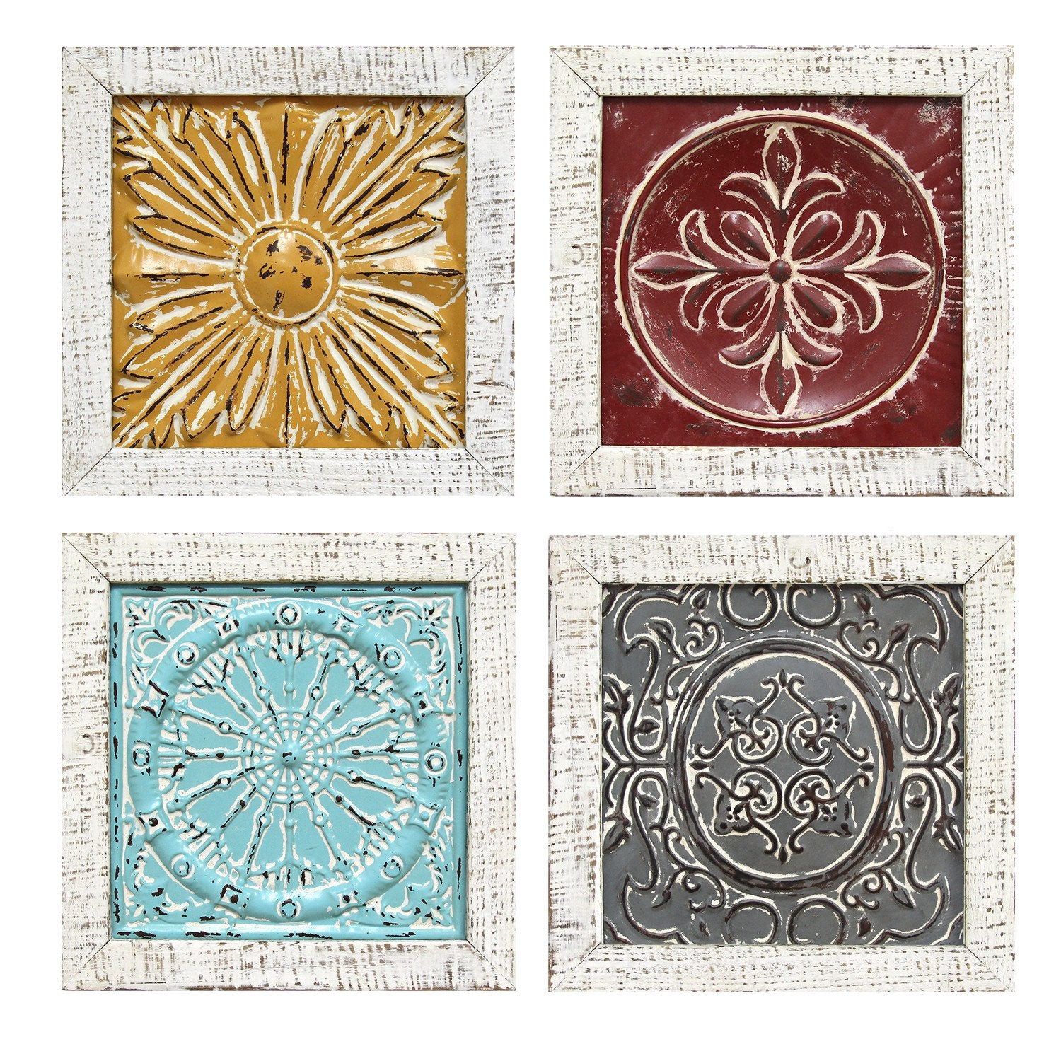 Distressed Medallion Metal and Wood Framed Wall Art