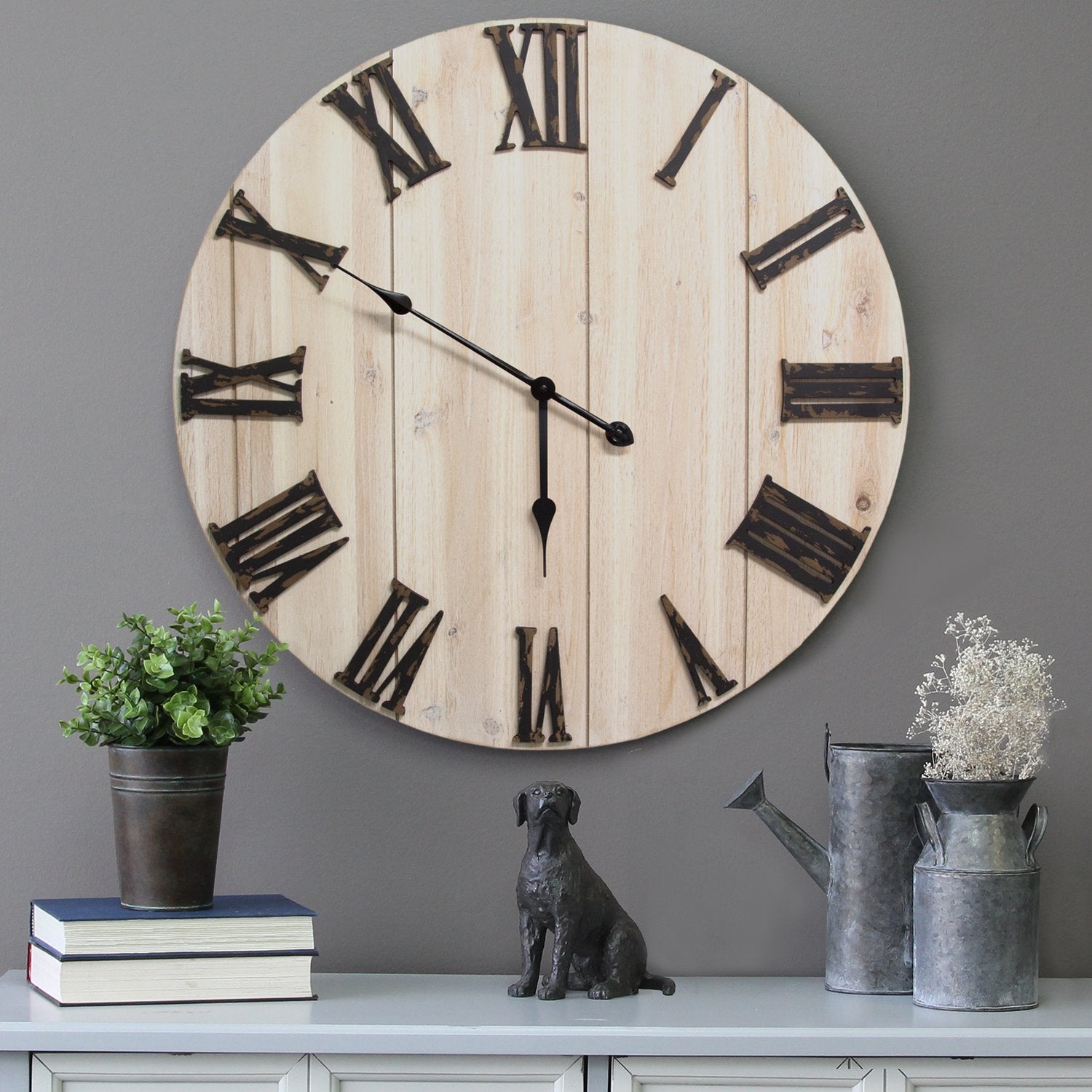 28" Round Distressed White Wood and Metal   Wall Clock