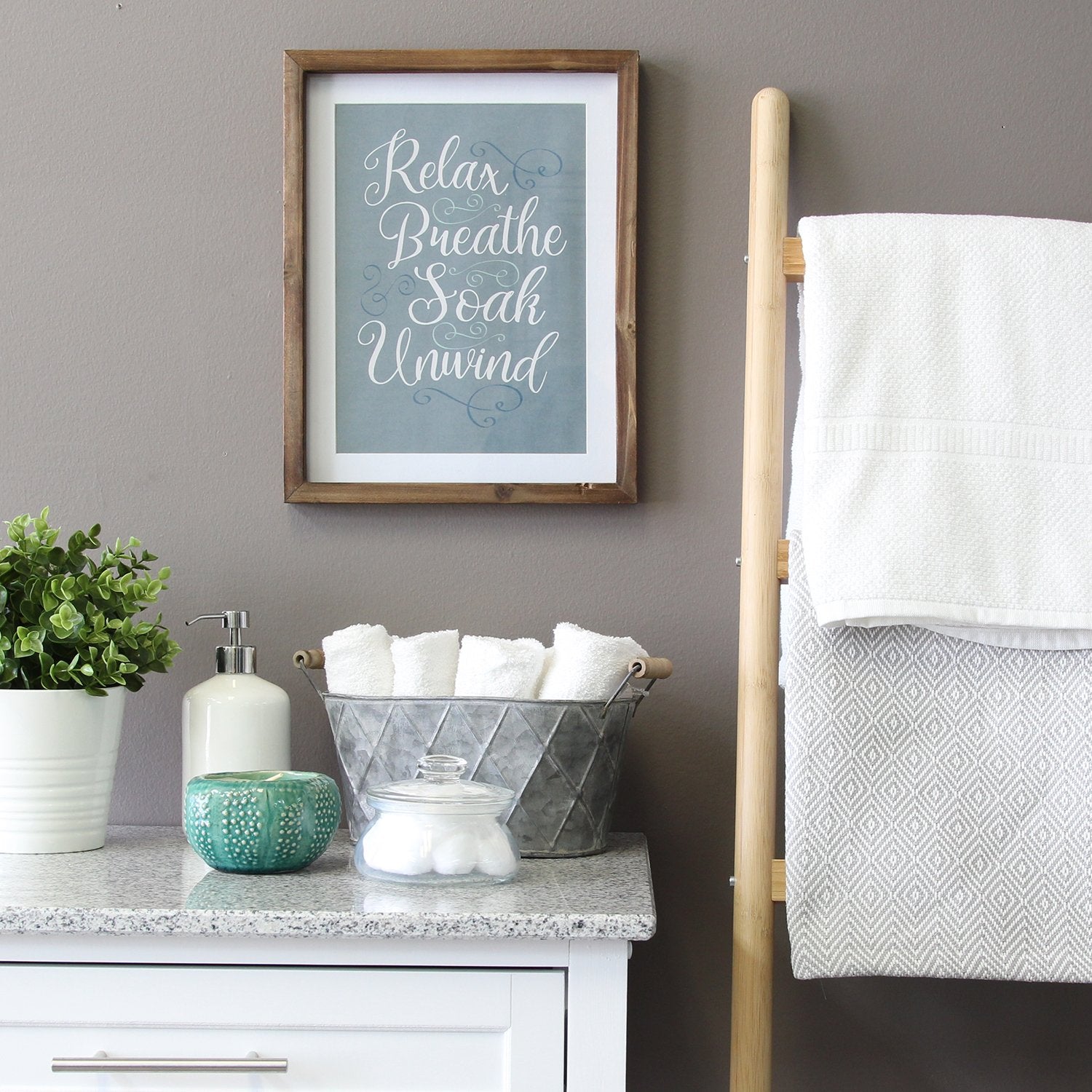 Natural Wood "Relax  Breathe  Soak  Unwind" Bath Decor