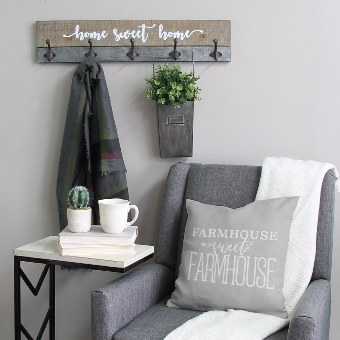 Distressed "Home Sweet Home" Wood Wall Hanging with Metal Hooks