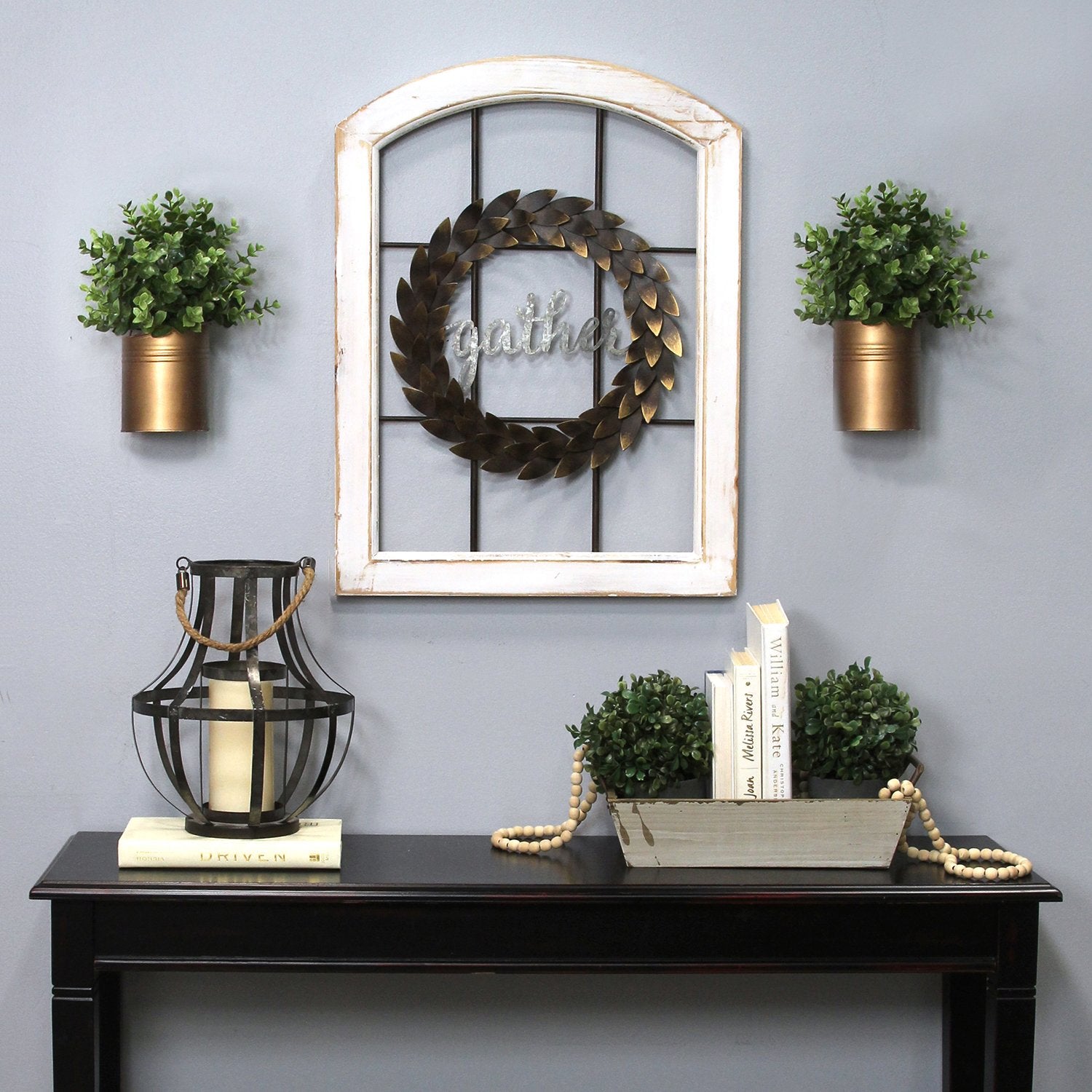 Farmhouse "Gather" Metal Window Wreath Wall Decor