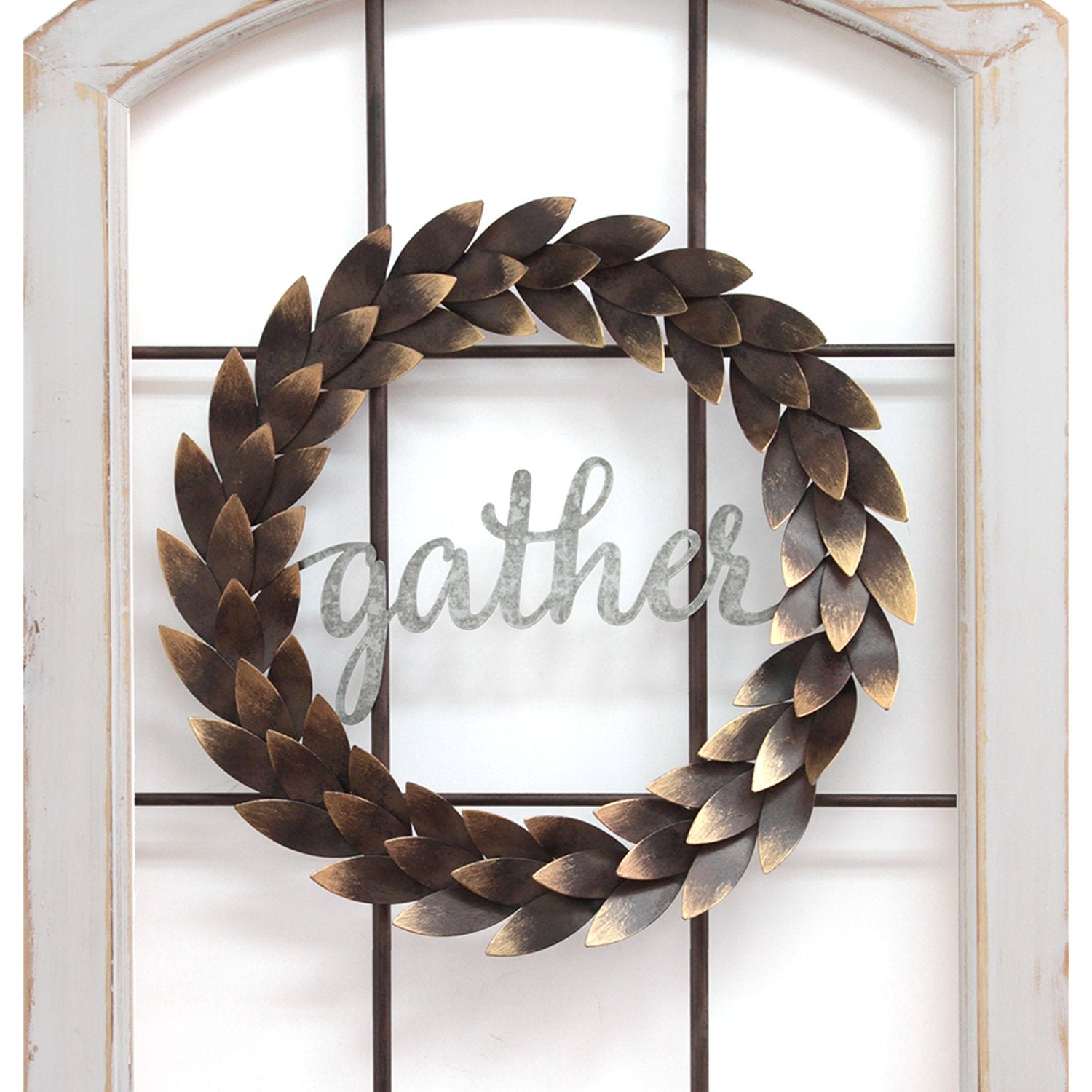 Farmhouse "Gather" Metal Window Wreath Wall Decor