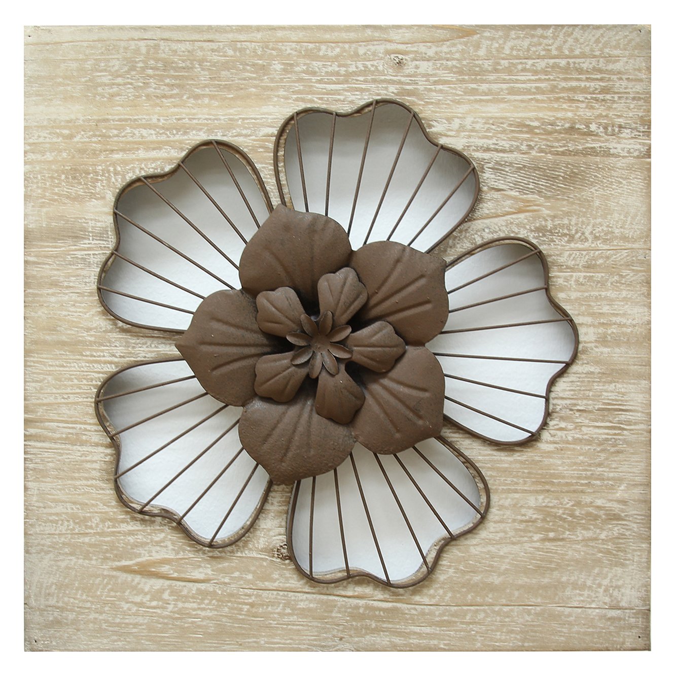 Distressed Flower Wood and Metal Wall Decor with Floral Centerpiece