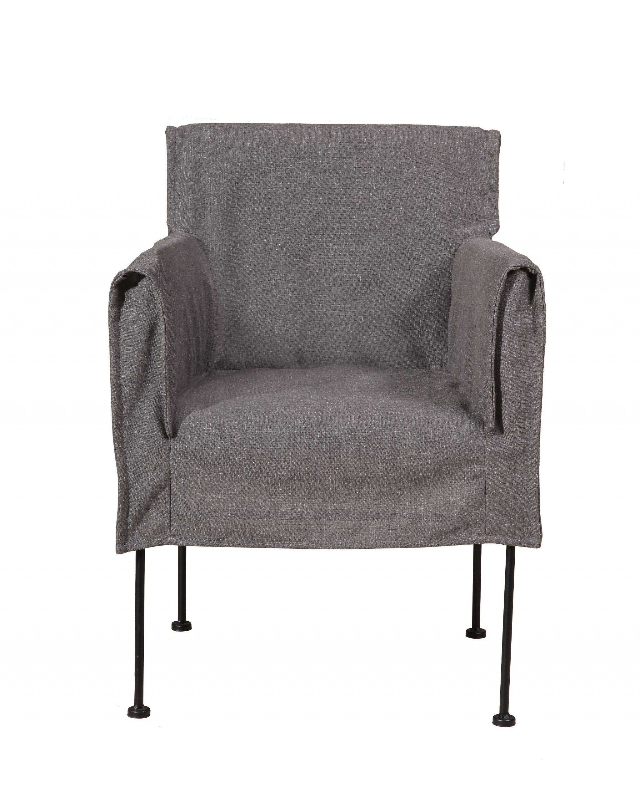Grey Linen Slipcover Dining Chair with Black Metal Frame