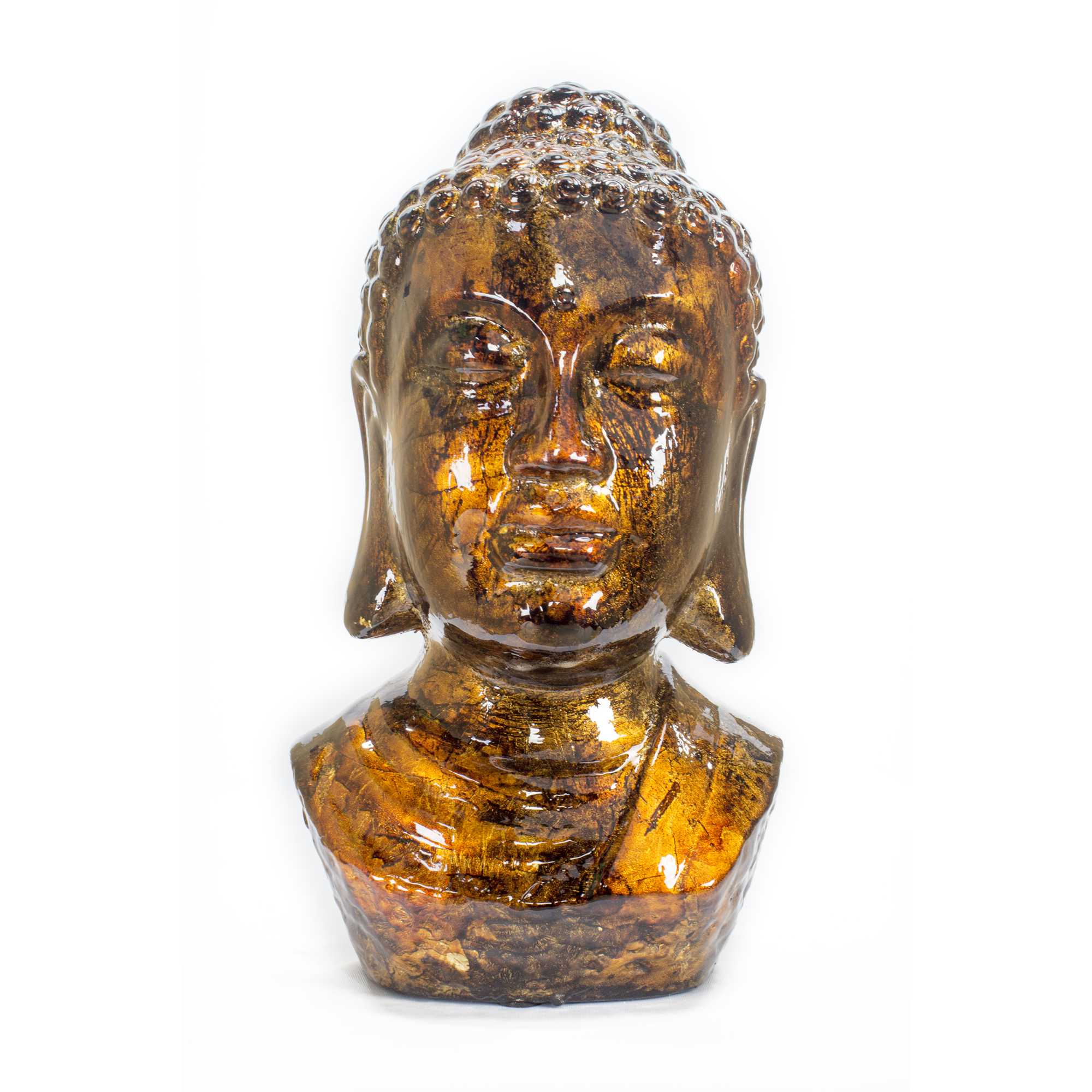 7" X 5.5" X 13" Turquoise Copper and Bronze Ceramic Buddha Head Decorative Sculpture