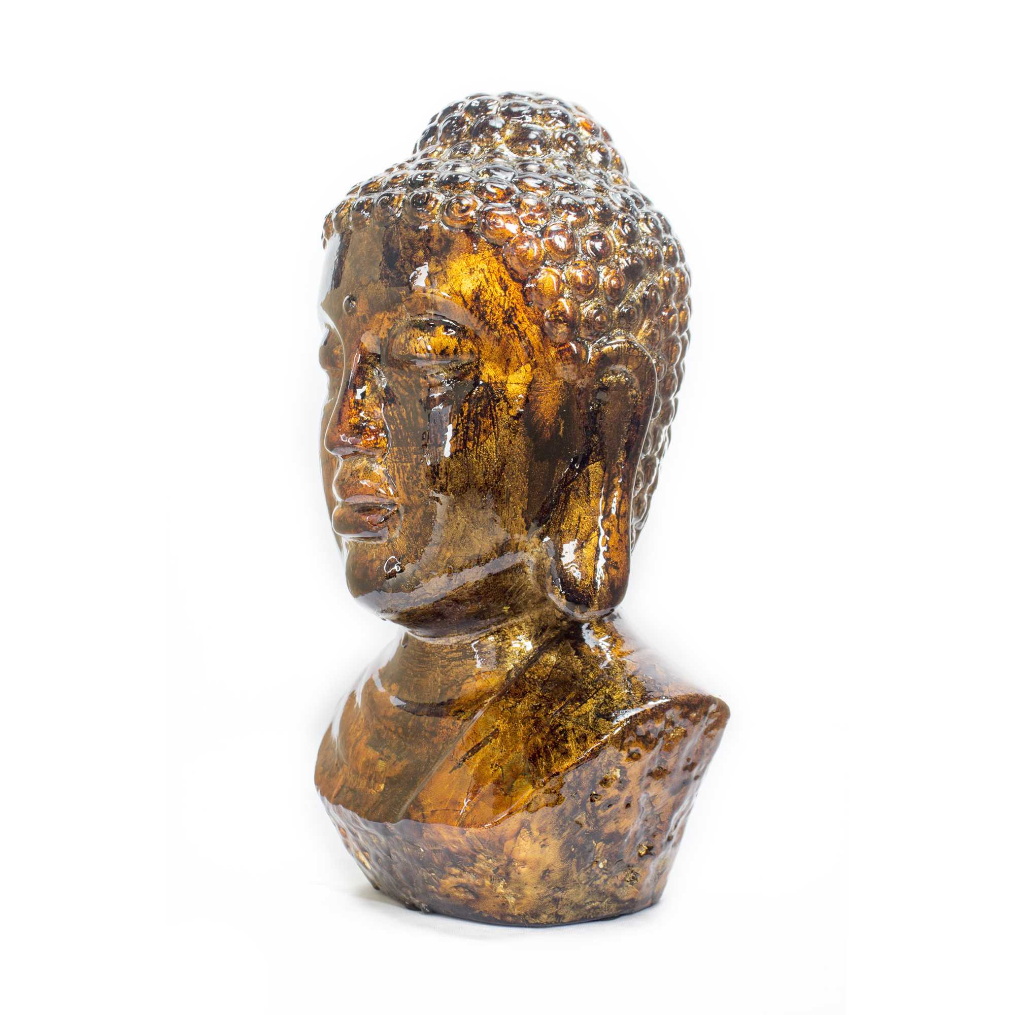 7" X 5.5" X 13" Turquoise Copper and Bronze Ceramic Buddha Head Decorative Sculpture