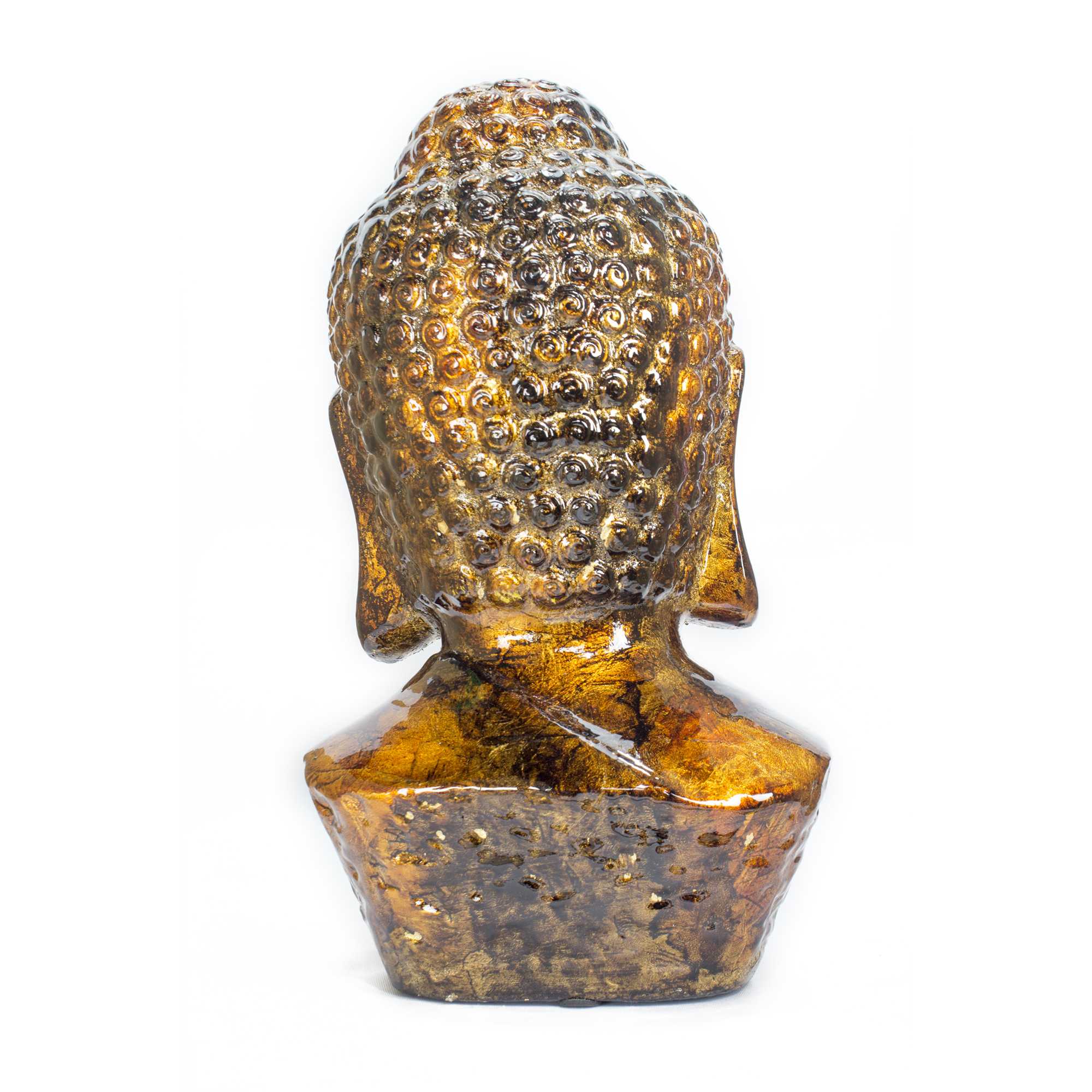 7" X 5.5" X 13" Turquoise Copper and Bronze Ceramic Buddha Head Decorative Sculpture