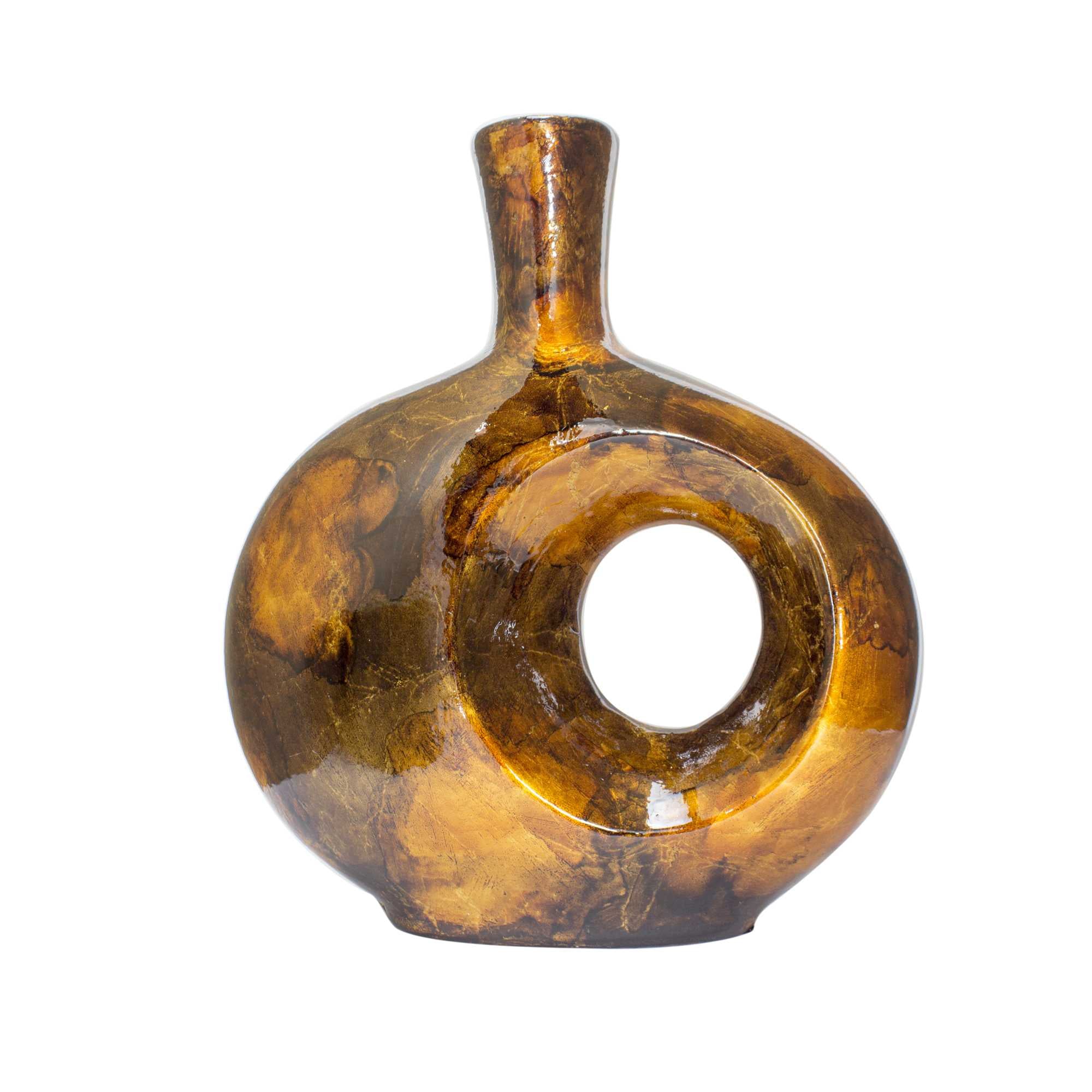 11" X 4" X 12.5" Turquoise Copper and Bronze Ceramic Table Vase