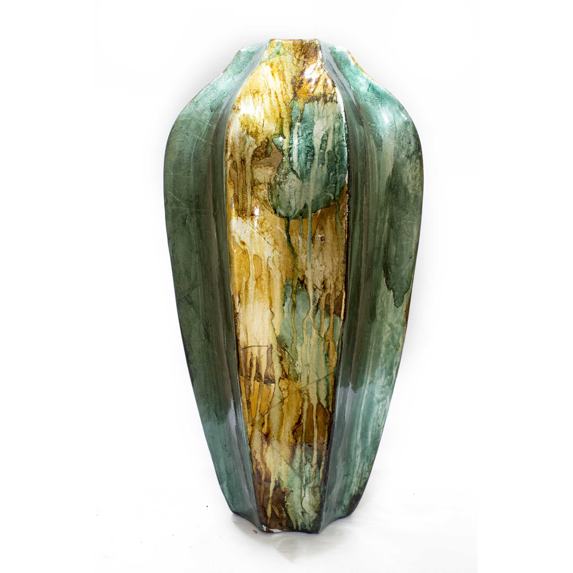 8.5" X 8.5" X 16" Turquoise Copper and Bronze Ceramic Table Vase