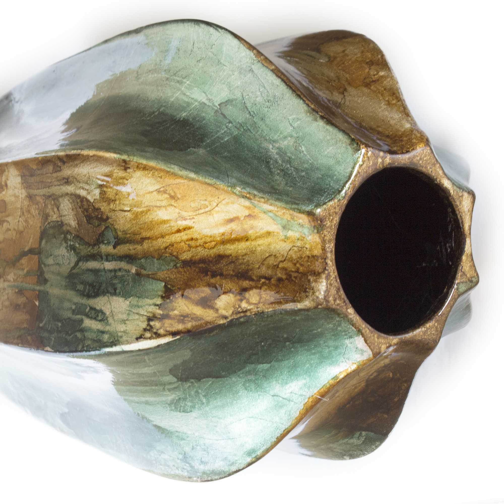 8.5" X 8.5" X 16" Turquoise Copper and Bronze Ceramic Table Vase