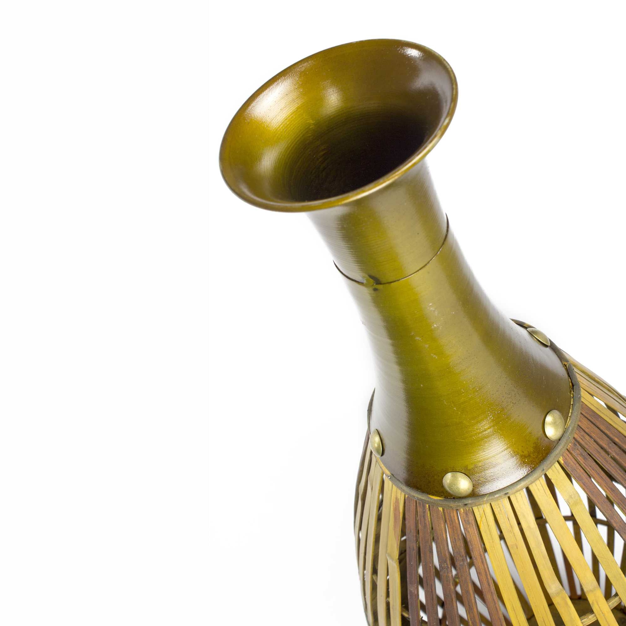 11.5" X 11.5" X 33.25" Gray with Distressed Wood Bamboo Metal Vase with a Decoaritve Band