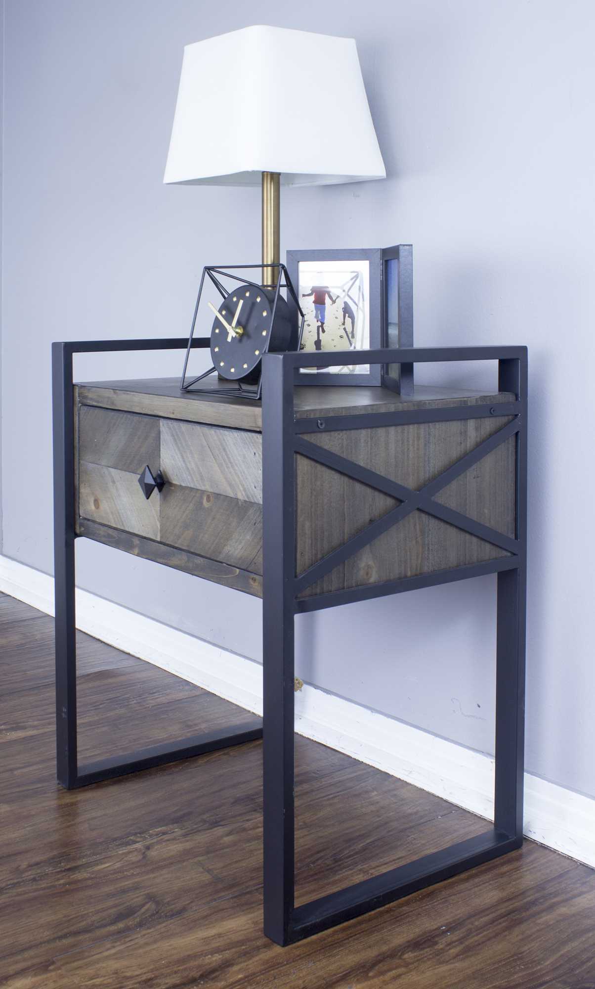 20" X 14.25" X 23.5" Brown Metal Wood MDF End Table with a Drawer