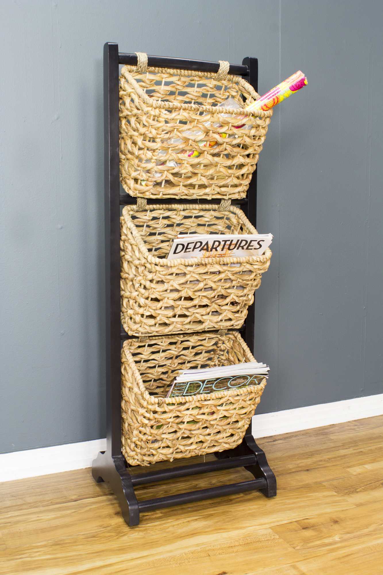 11.8" X 15" X 42.25" Brown Wood MDF Water Hyacinth Water Hyacinth Magazine Rack with Baskets