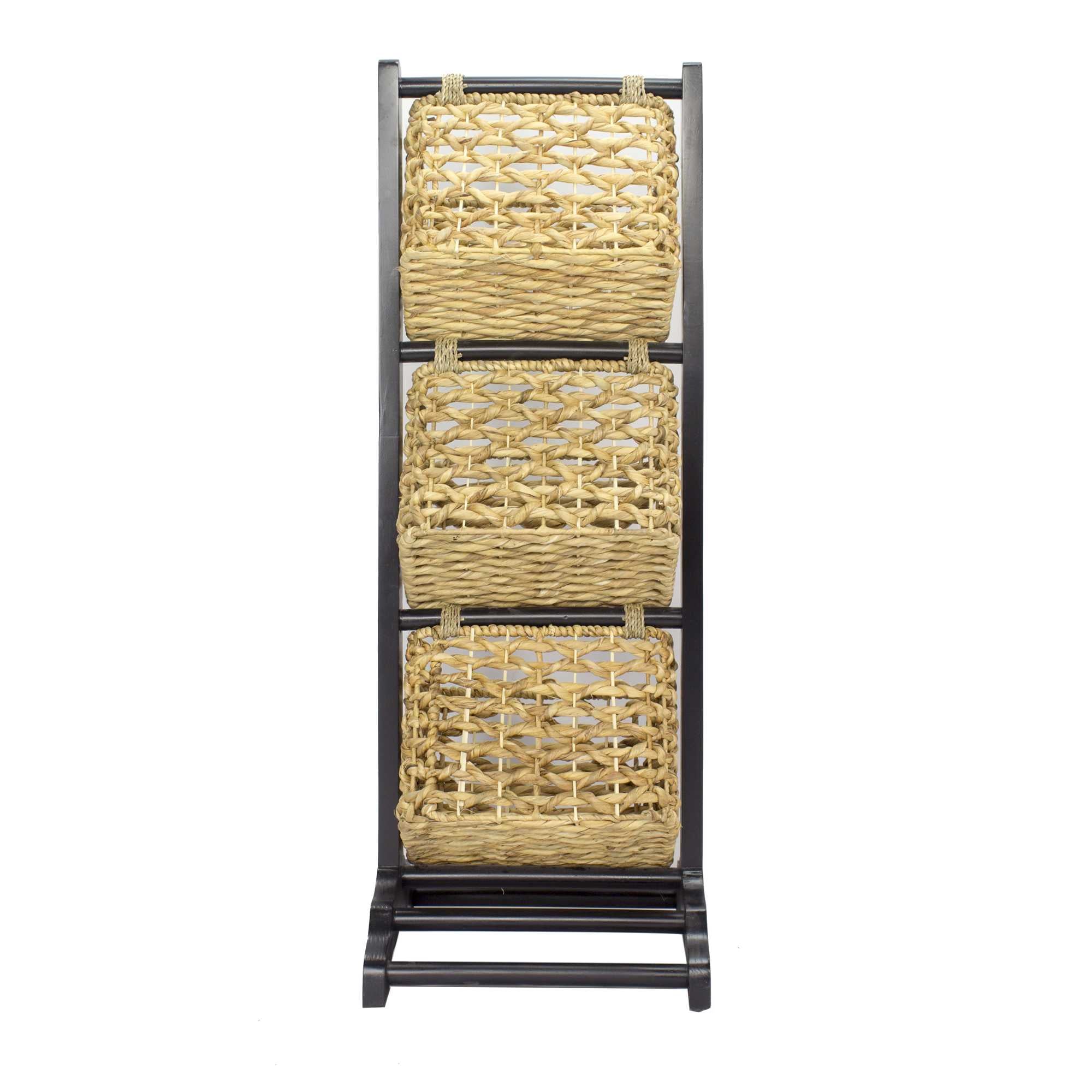 11.8" X 15" X 42.25" Brown Wood MDF Water Hyacinth Water Hyacinth Magazine Rack with Baskets