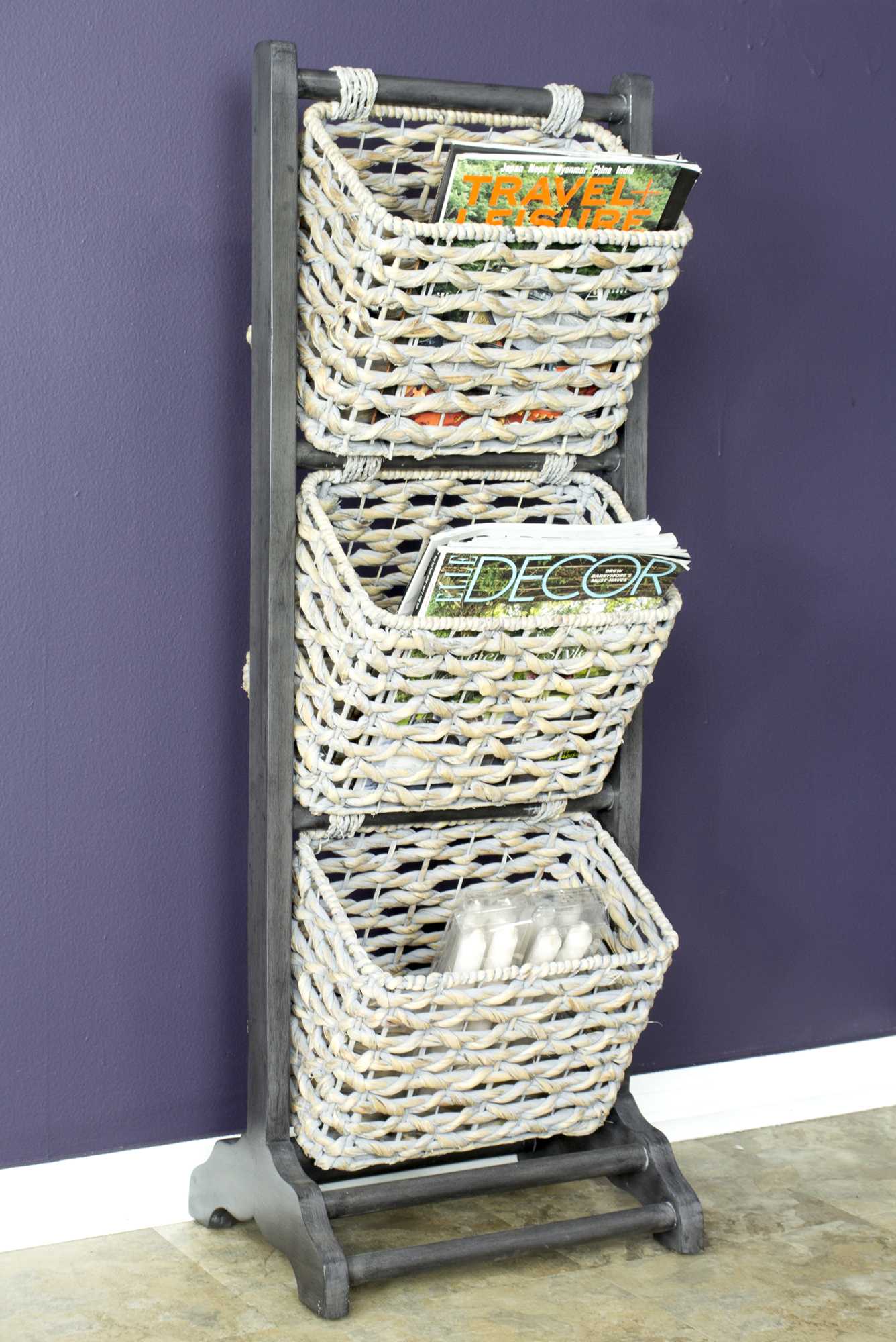 11.8" X 15" X 42.25" Grey Wood MDF Water Hyacinth Water Hyacinth Magazine Rack with Baskets