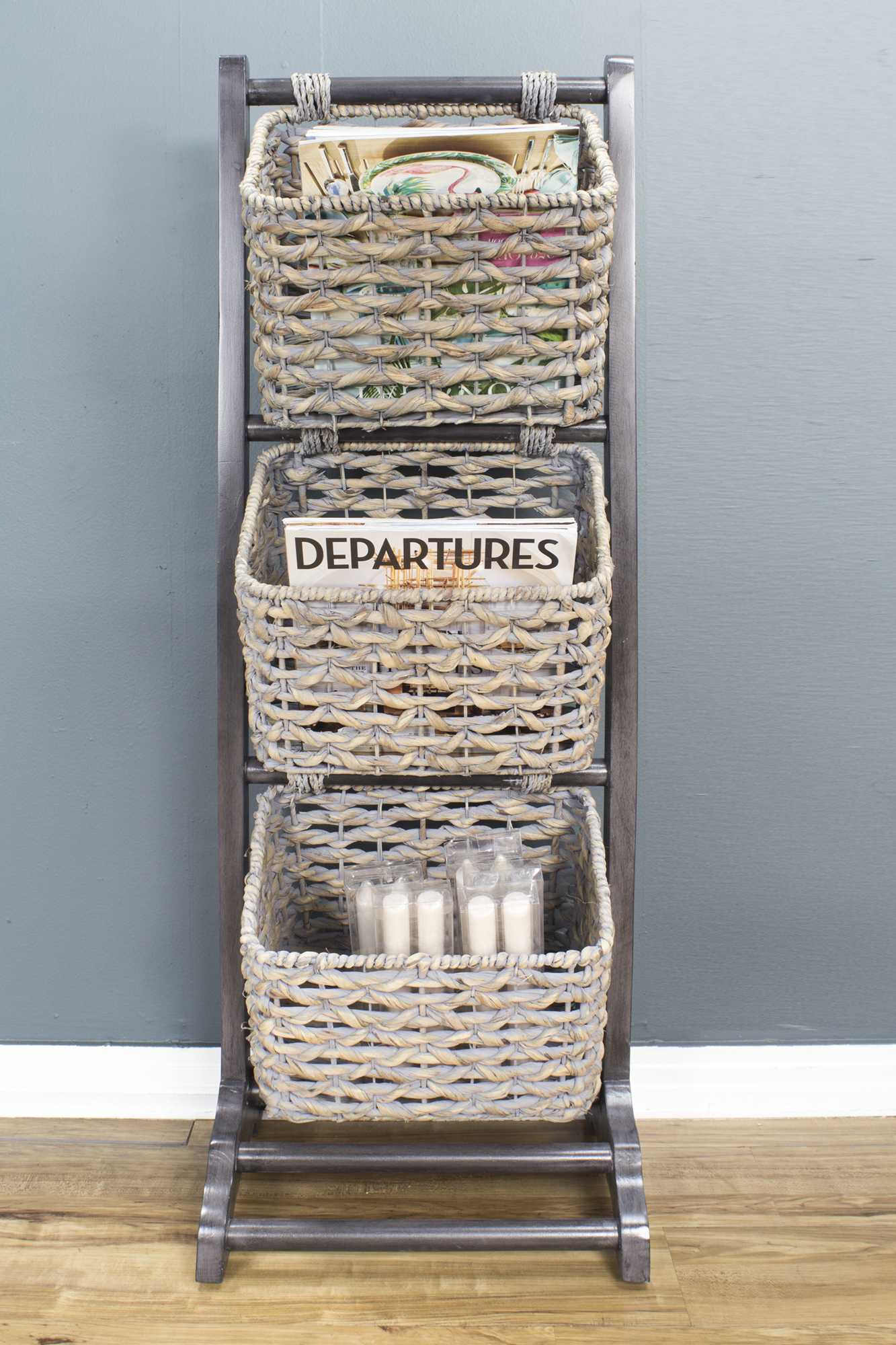 11.8" X 15" X 42.25" Grey Wood MDF Water Hyacinth Water Hyacinth Magazine Rack with Baskets