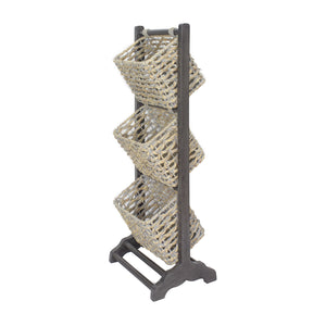 11.8" X 15" X 42.25" Grey Wood MDF Water Hyacinth Water Hyacinth Magazine Rack with Baskets