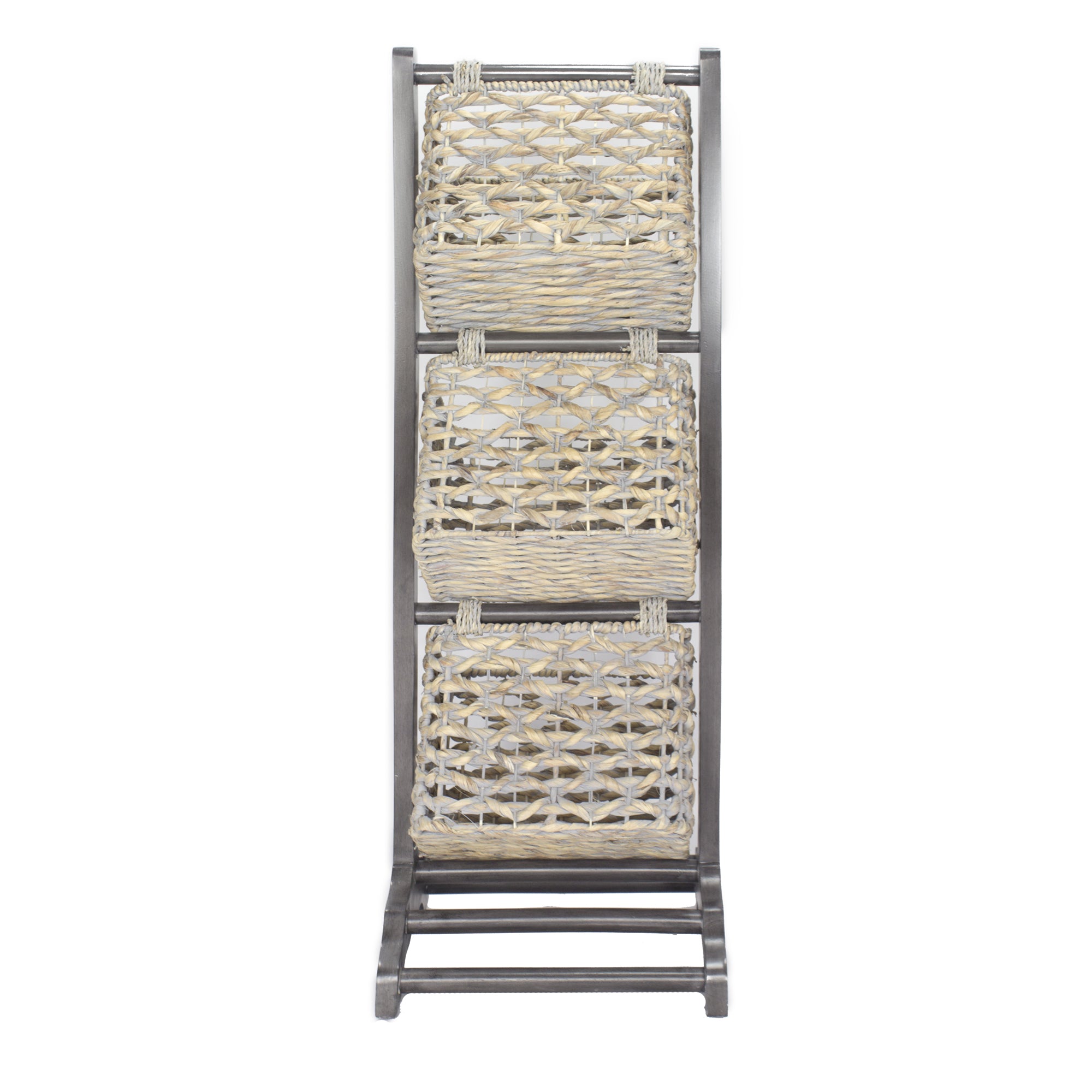 11.8" X 15" X 42.25" Grey Wood MDF Water Hyacinth Water Hyacinth Magazine Rack with Baskets