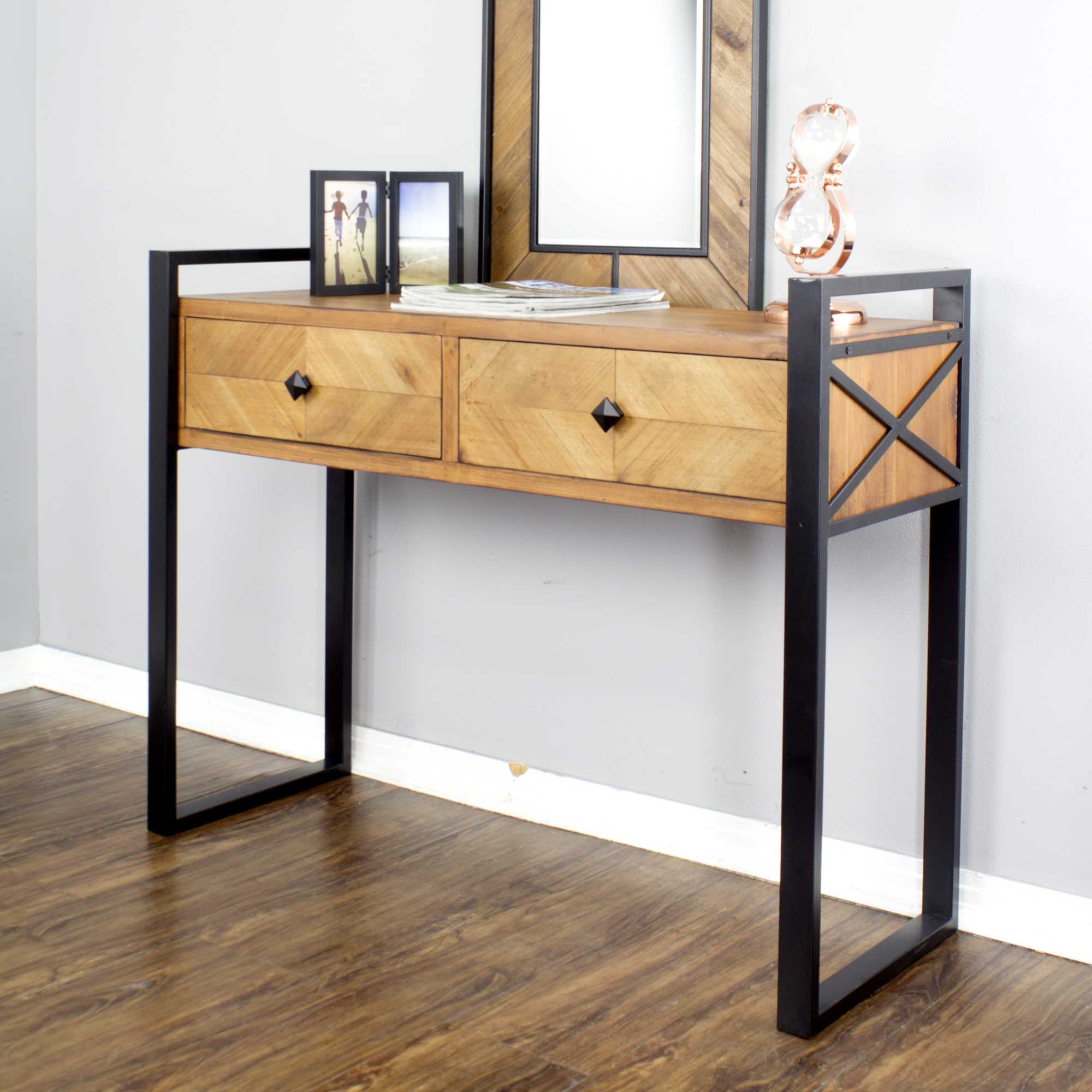 39.75" X 14.75" X 31.5" Brown Metal Wood MDF Console Table with Drawers