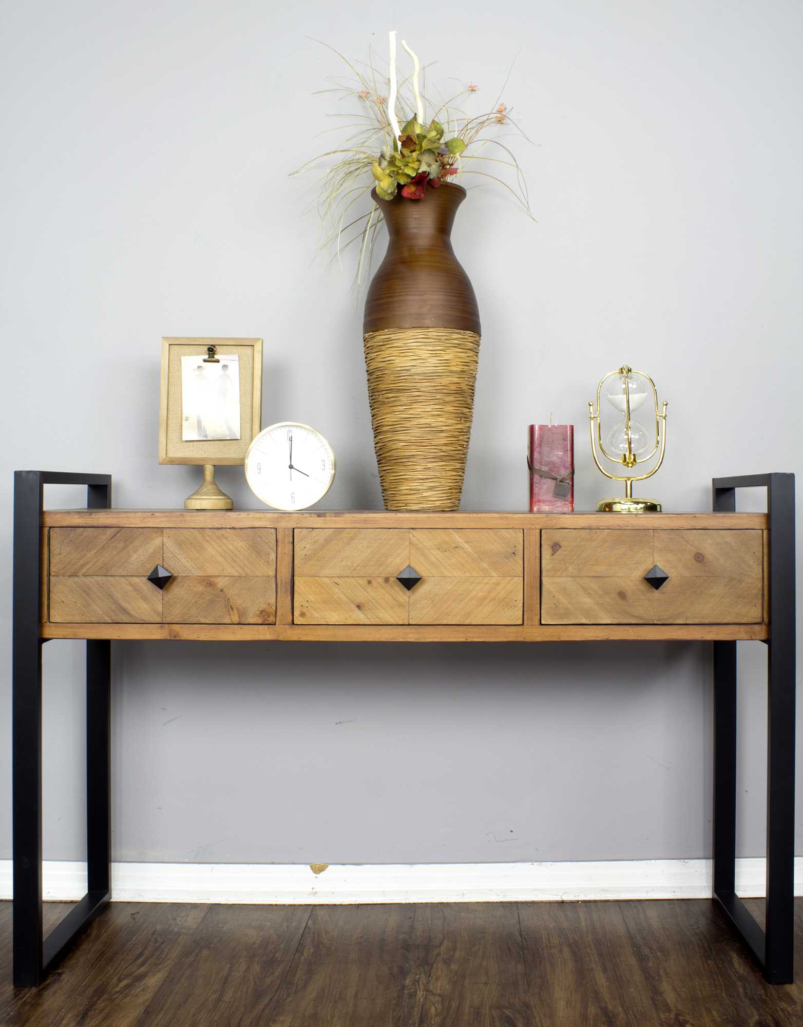 47.5" X 14.75" X 31.5" Brown Metal Wood MDF Console Table with Drawers