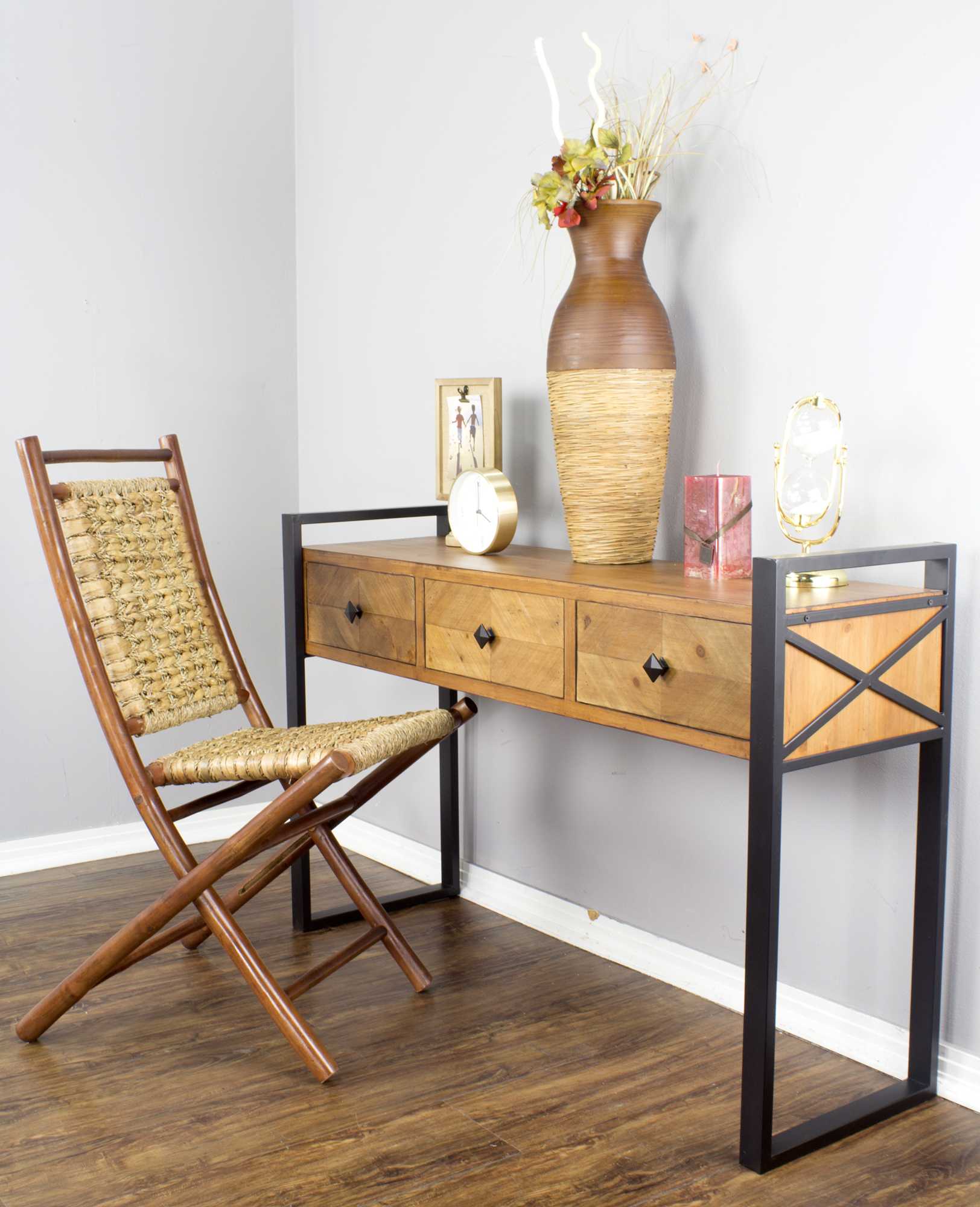 47.5" X 14.75" X 31.5" Brown Metal Wood MDF Console Table with Drawers