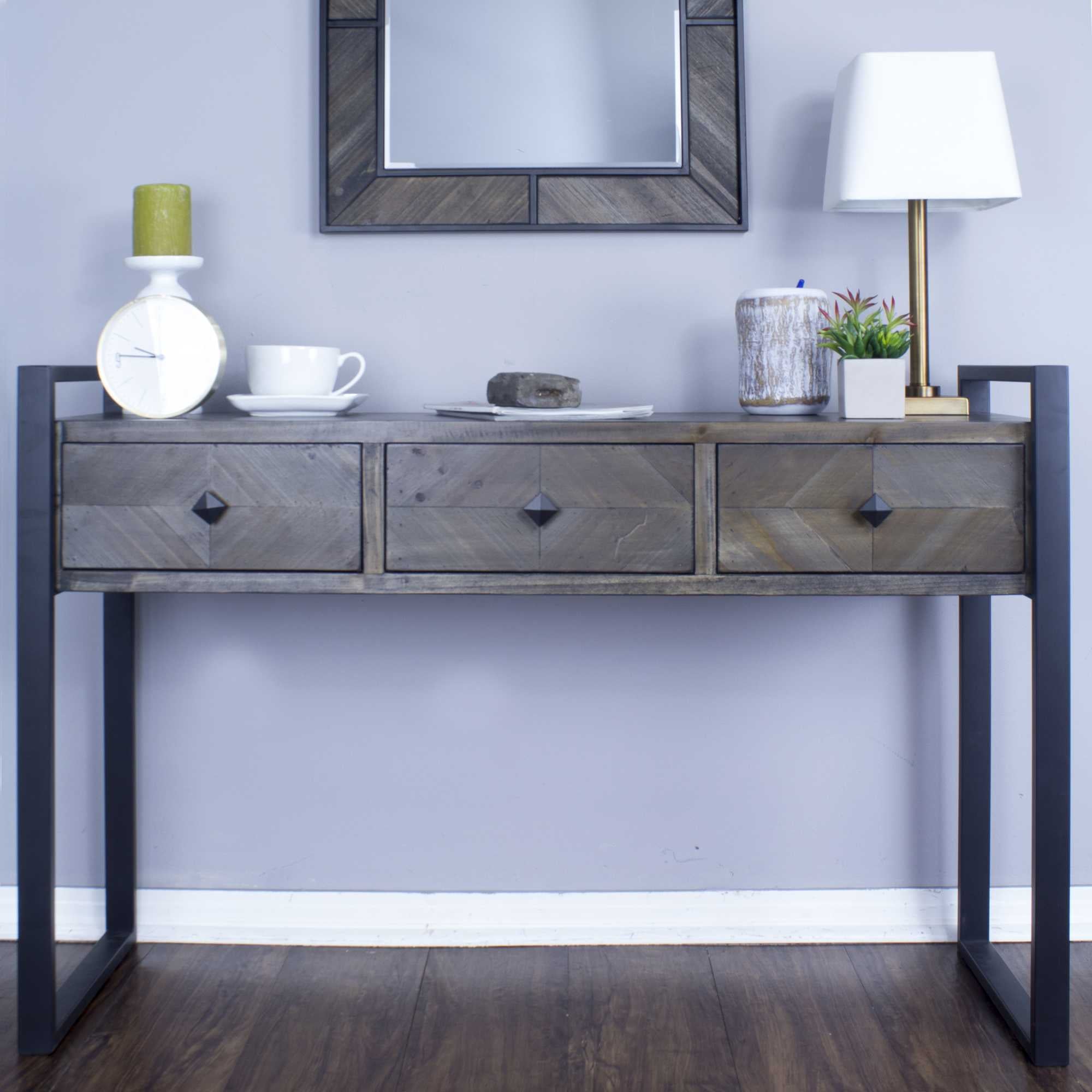 47.5" X 14.75" X 31.5" Matt Grey Metal Wood MDF Console Table with Drawers