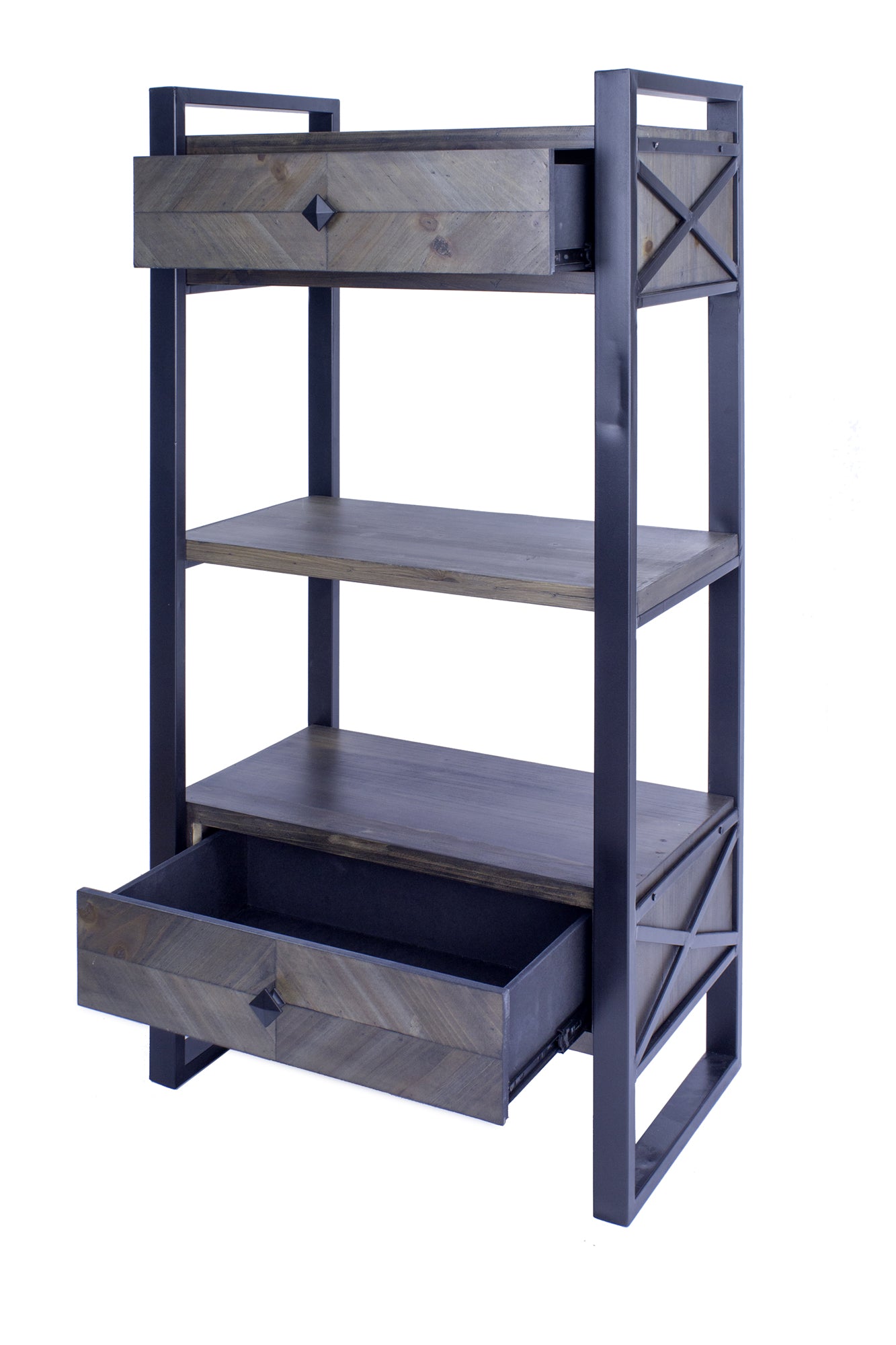 24" X 14.5" X 47.25" Brown Metal Wood MDF End Table with a Drawer and Shelves