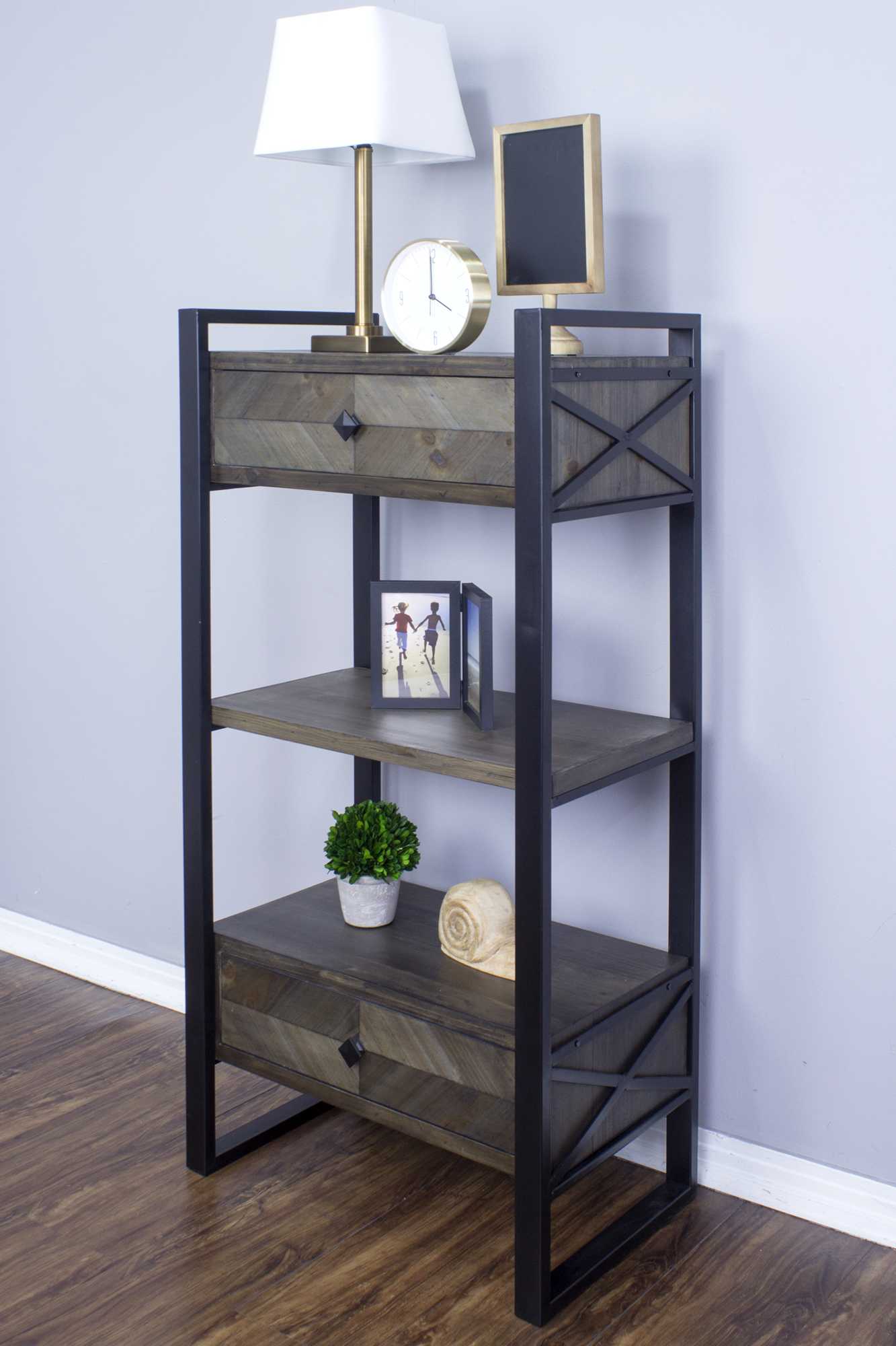 24" X 14.5" X 47.25" Brown Metal Wood MDF End Table with a Drawer and Shelves