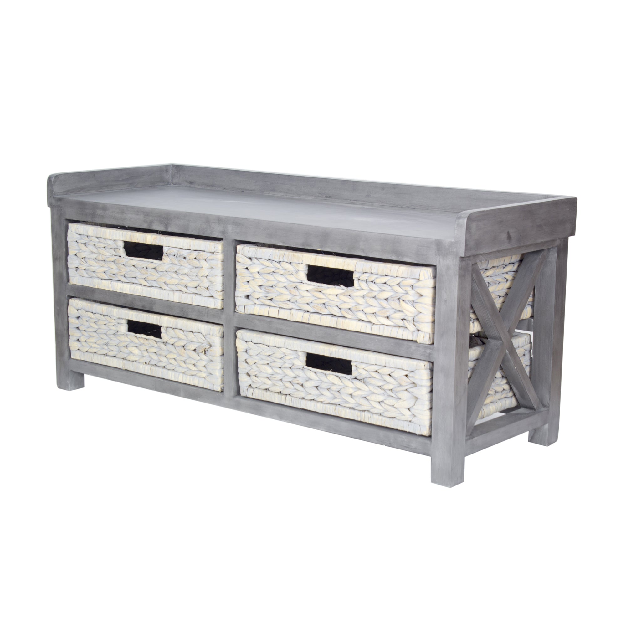 39.75" X 14" X 18" Grey MDF Water Hyacinth Water Hyacinth Storage Bench with Baskets