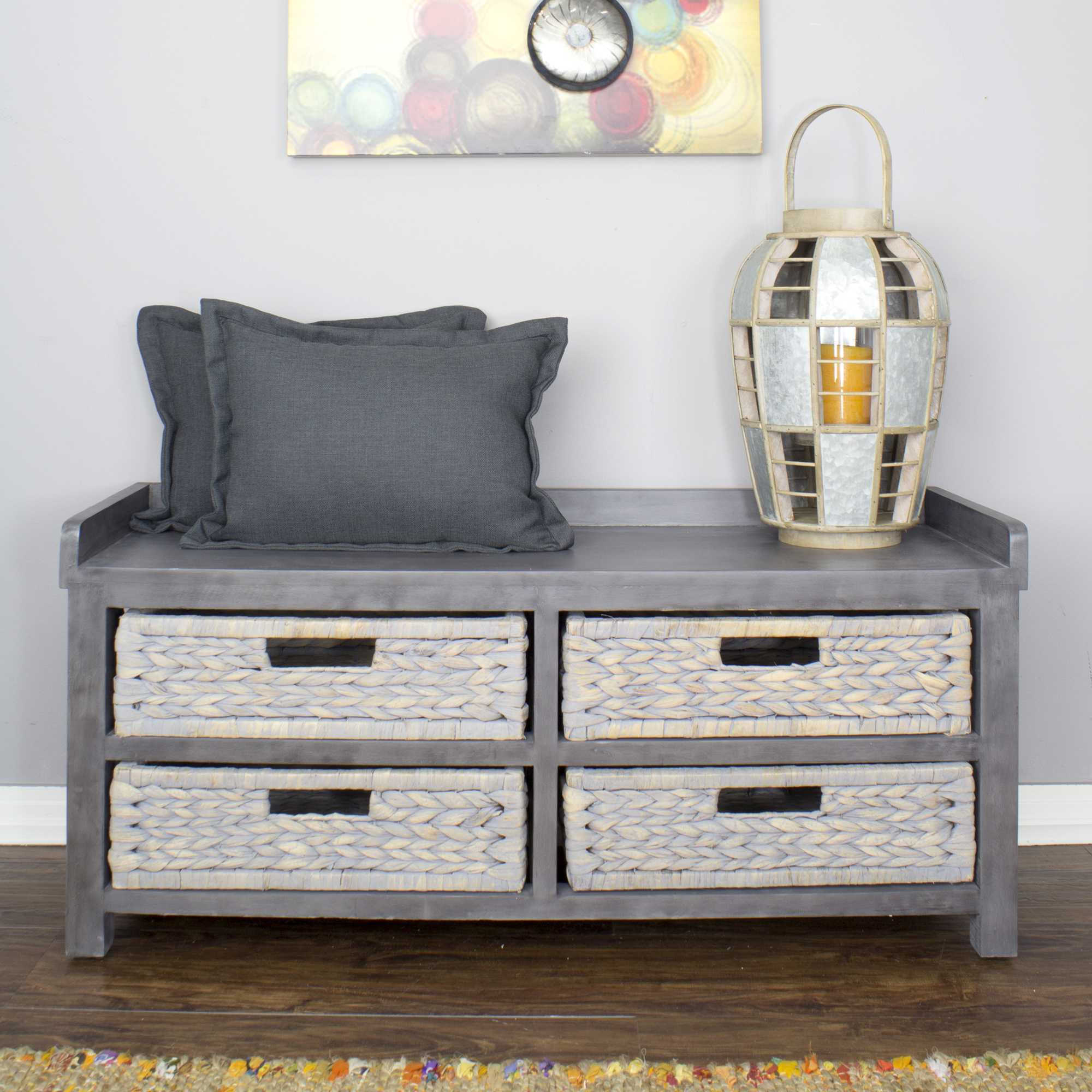 39.75" X 14" X 18" Grey MDF Water Hyacinth Water Hyacinth Storage Bench with Baskets