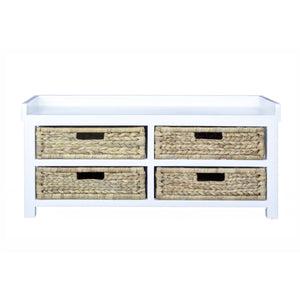 Modern Entryway White Wood Finish Storage Bench with Four Woven Storage Baskets