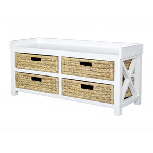 Modern Entryway White Wood Finish Storage Bench with Four Woven Storage Baskets