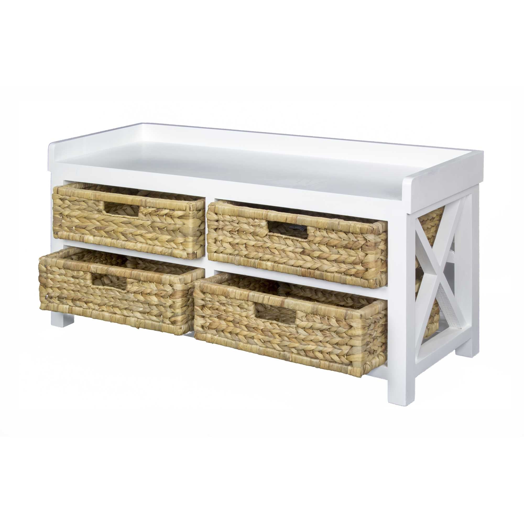 Modern Entryway White Wood Finish Storage Bench with Four Woven Storage Baskets