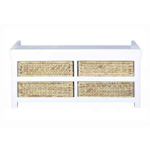 Modern Entryway White Wood Finish Storage Bench with Four Woven Storage Baskets