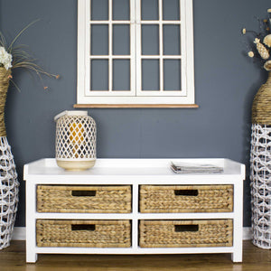 Modern Entryway White Wood Finish Storage Bench with Four Woven Storage Baskets
