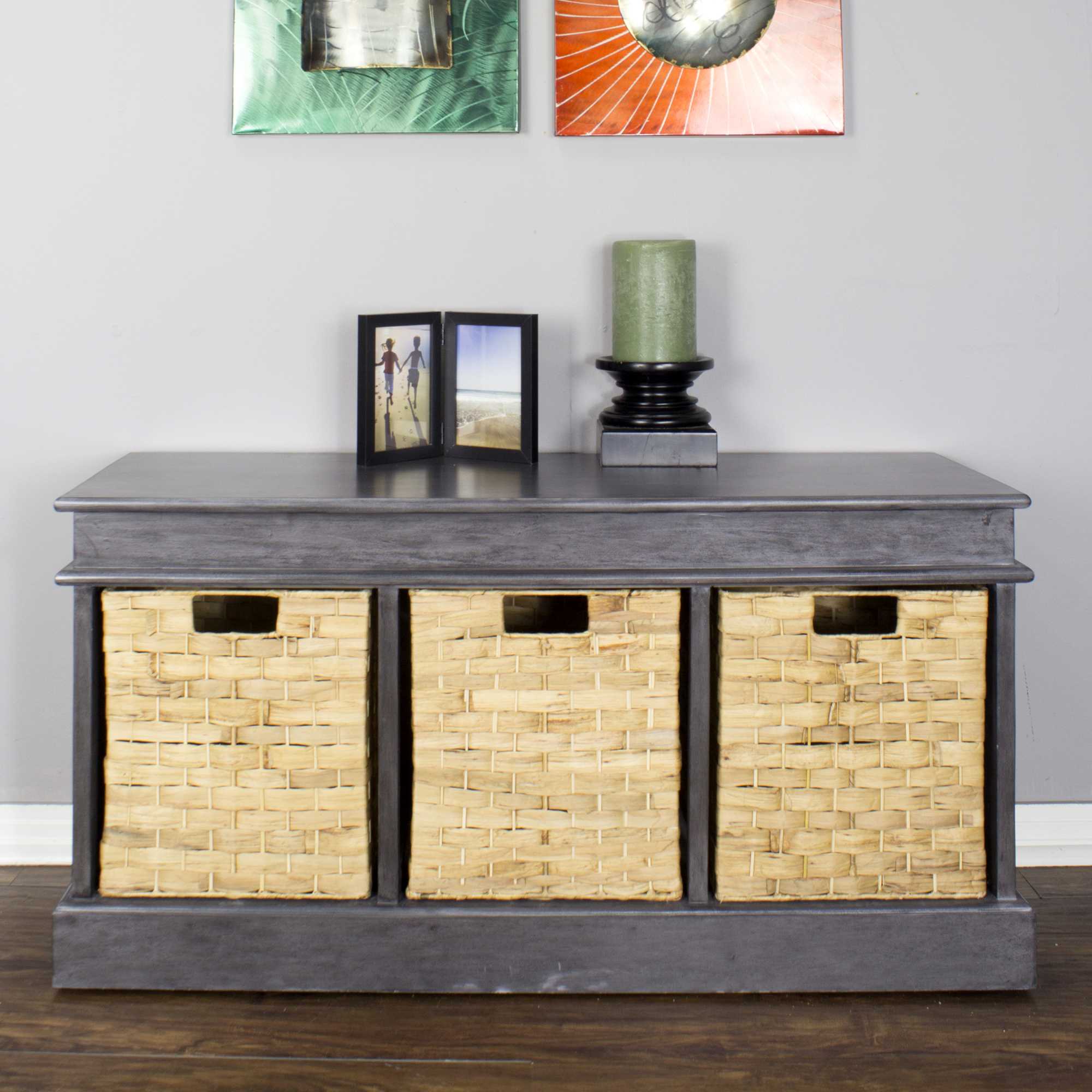 40" X 13" X 20" Gray MDF Rattan Skin Storage Bench with  Baskets