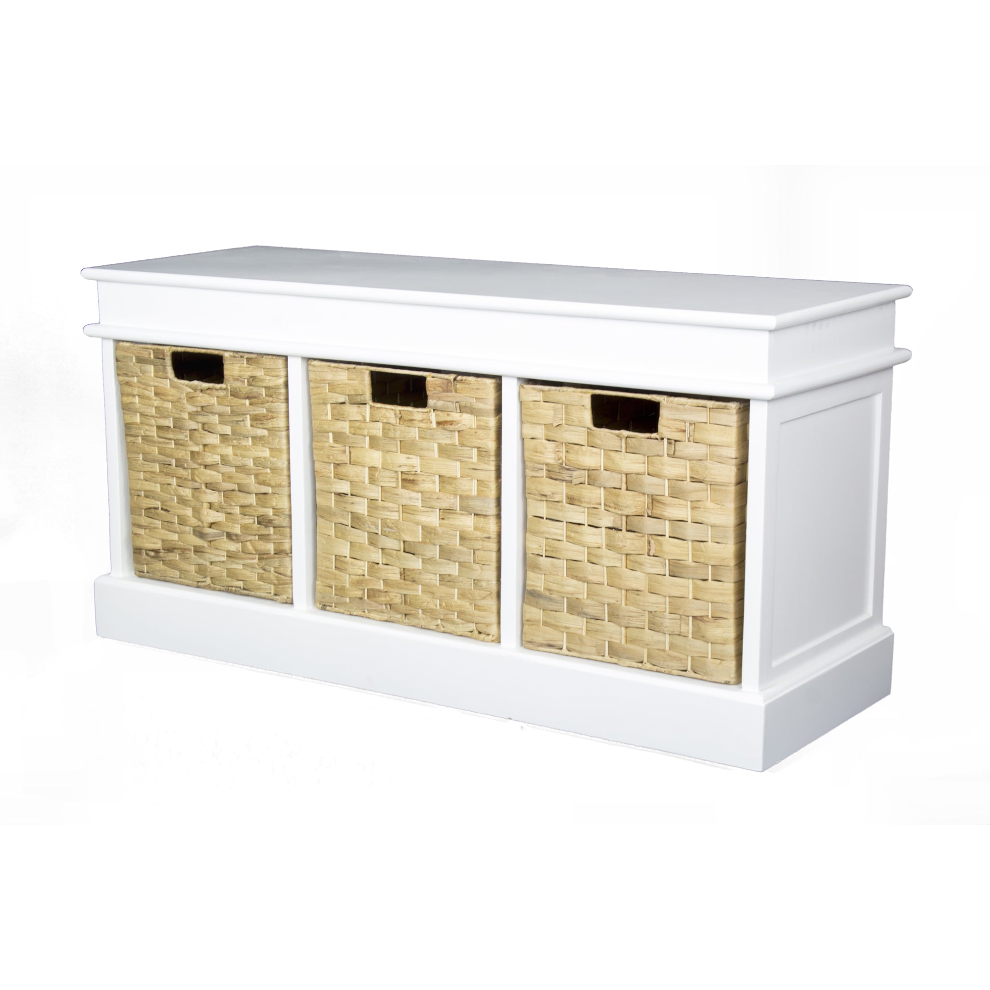 40" X 13" X 20" White MDF Rattan Skin Storage Bench with  Baskets