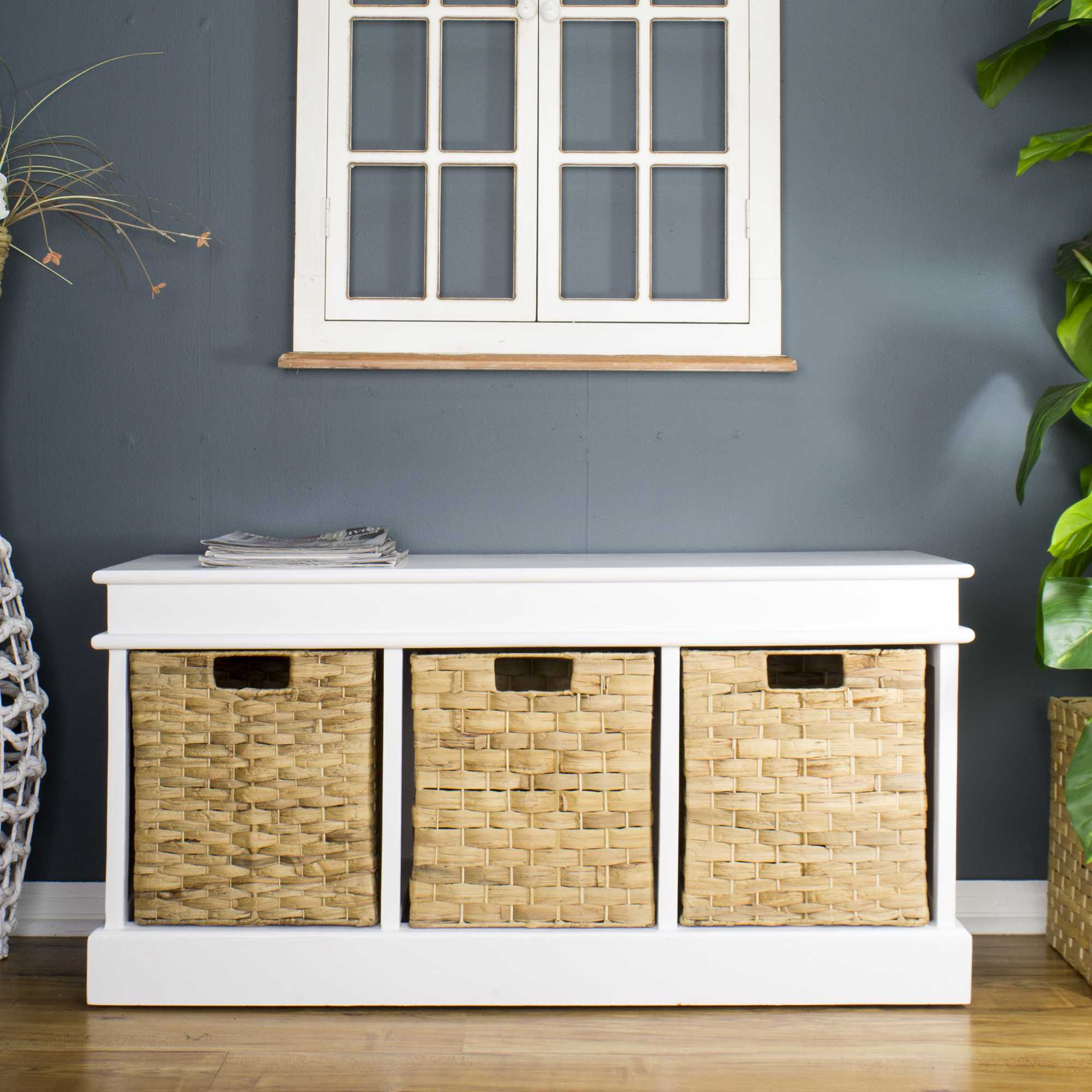 40" X 13" X 20" White MDF Rattan Skin Storage Bench with  Baskets