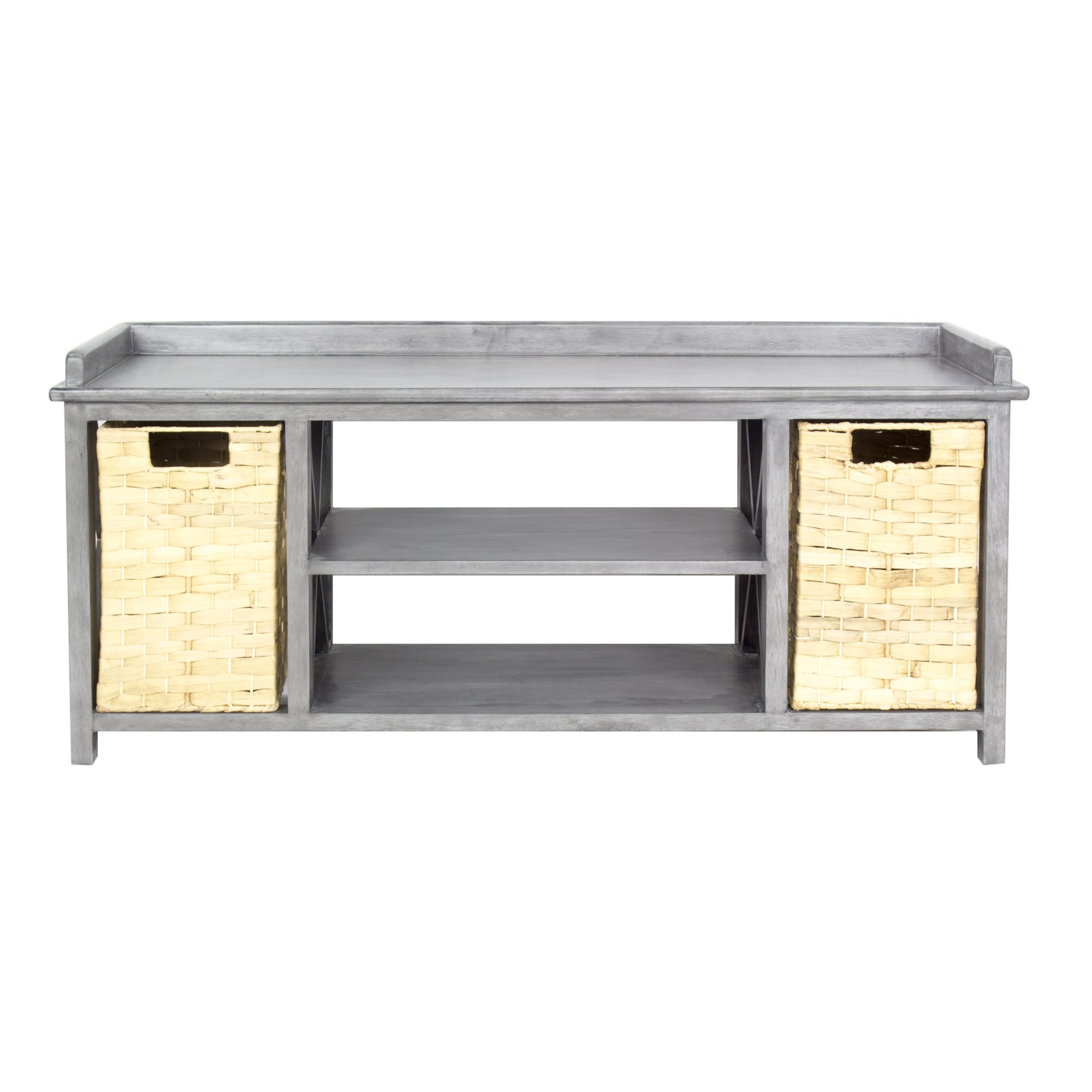 42" X 14.25" X 18" Gray MDF Rattan Skin Storage Bench with Baskets