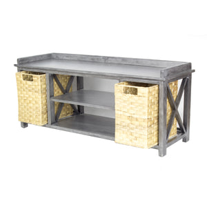 42" X 14.25" X 18" Gray MDF Rattan Skin Storage Bench with Baskets