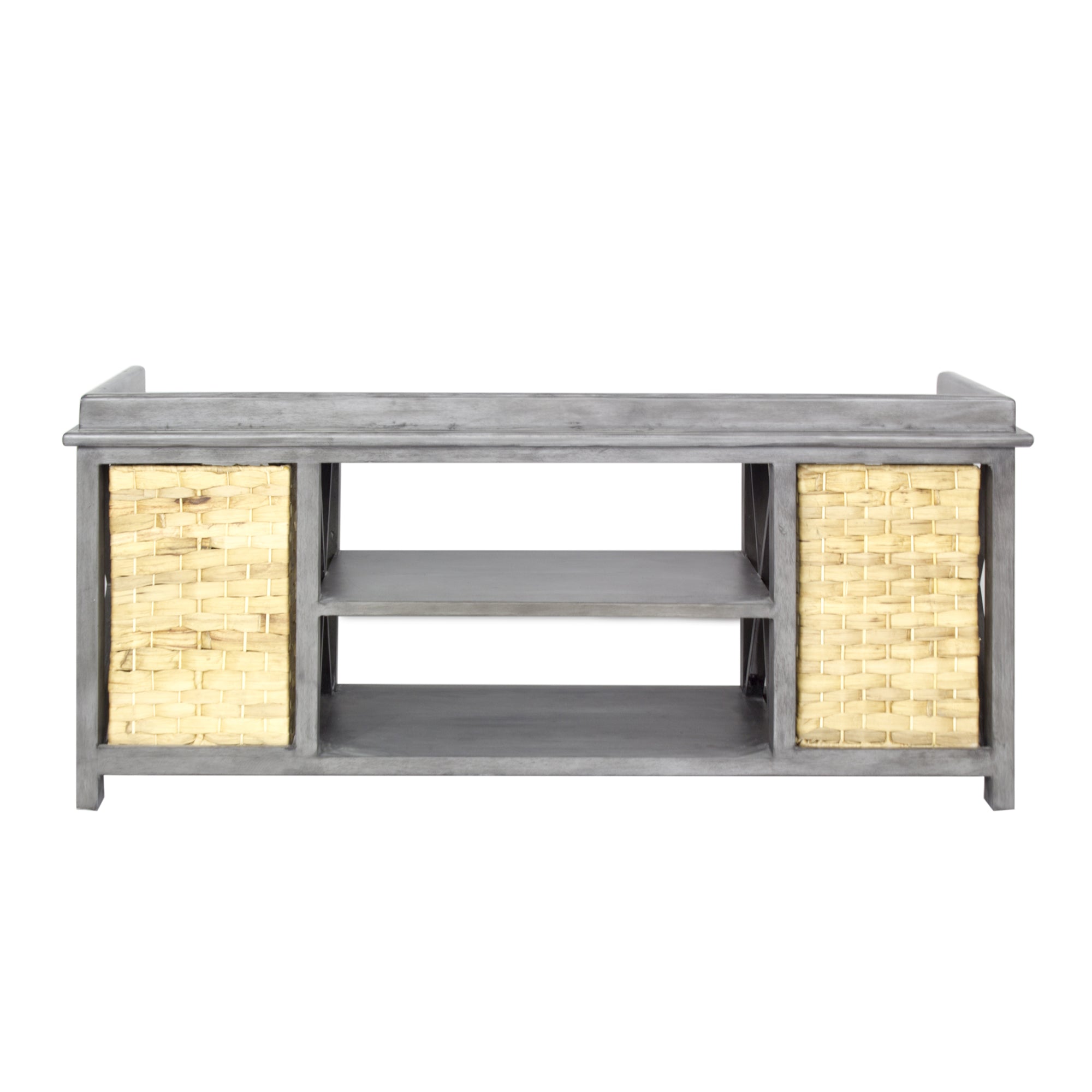 42" X 14.25" X 18" Gray MDF Rattan Skin Storage Bench with Baskets