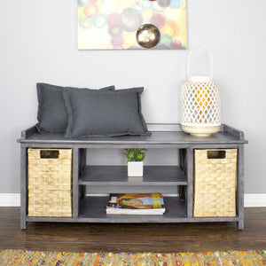 42" X 14.25" X 18" Gray MDF Rattan Skin Storage Bench with Baskets