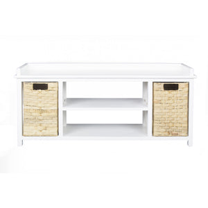 Modern Entryway White Wood Finish Storage Bench with Two Woven Storage Baskets