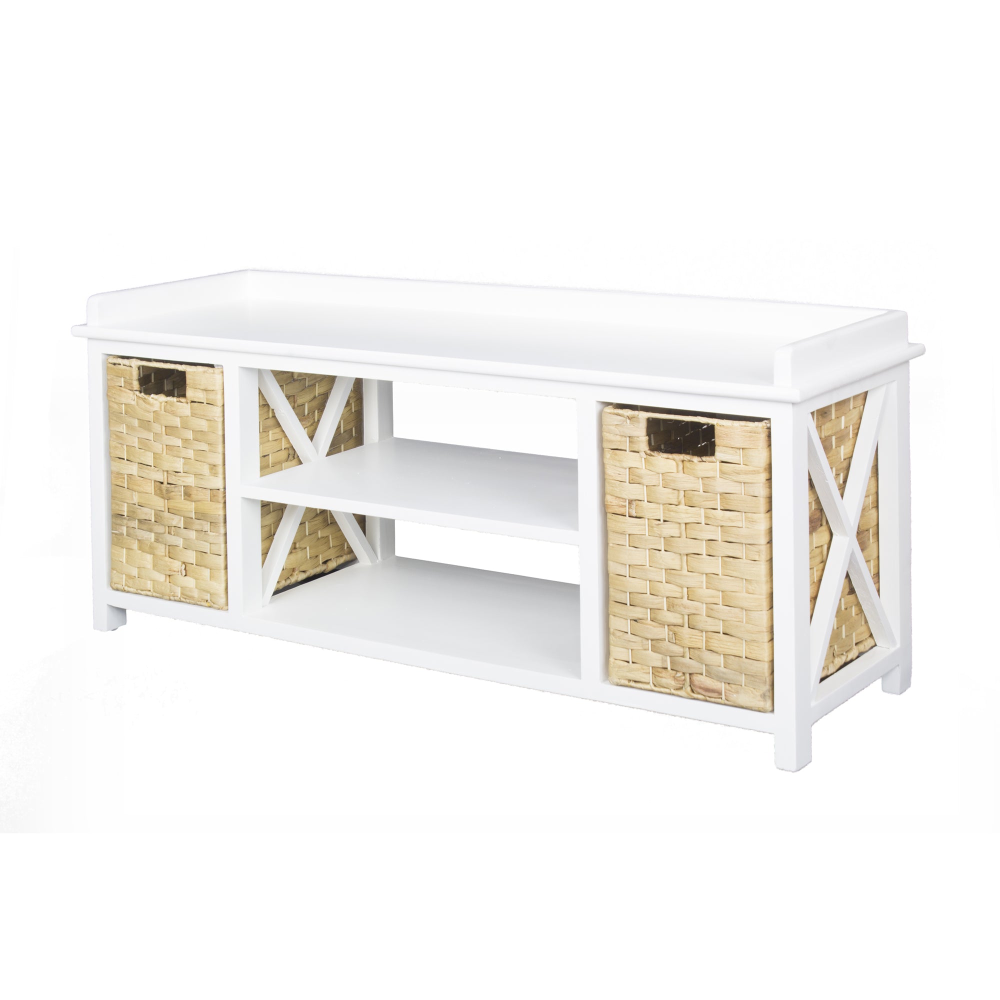 Modern Entryway White Wood Finish Storage Bench with Two Woven Storage Baskets